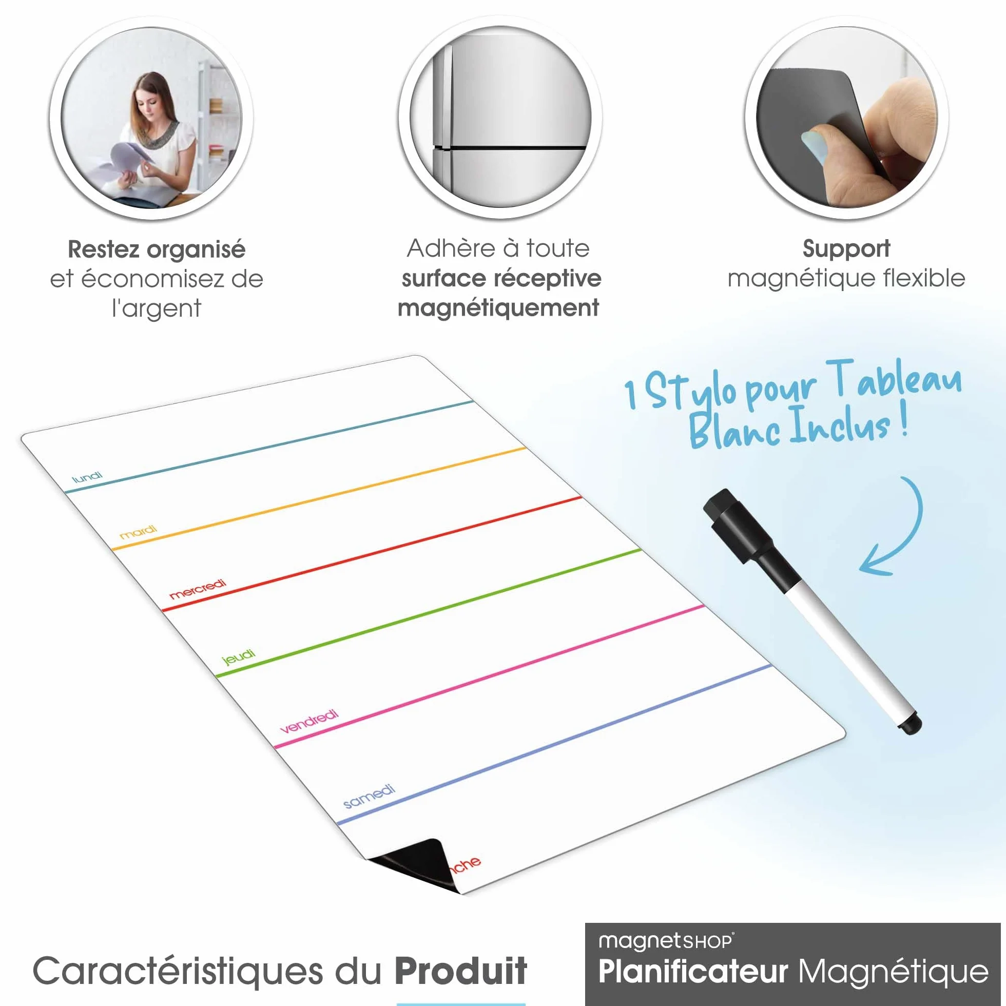 Tableau Blanc Effaçable Magnétique Semainier 30x21cm A4 Multicolore Organisation Familiale