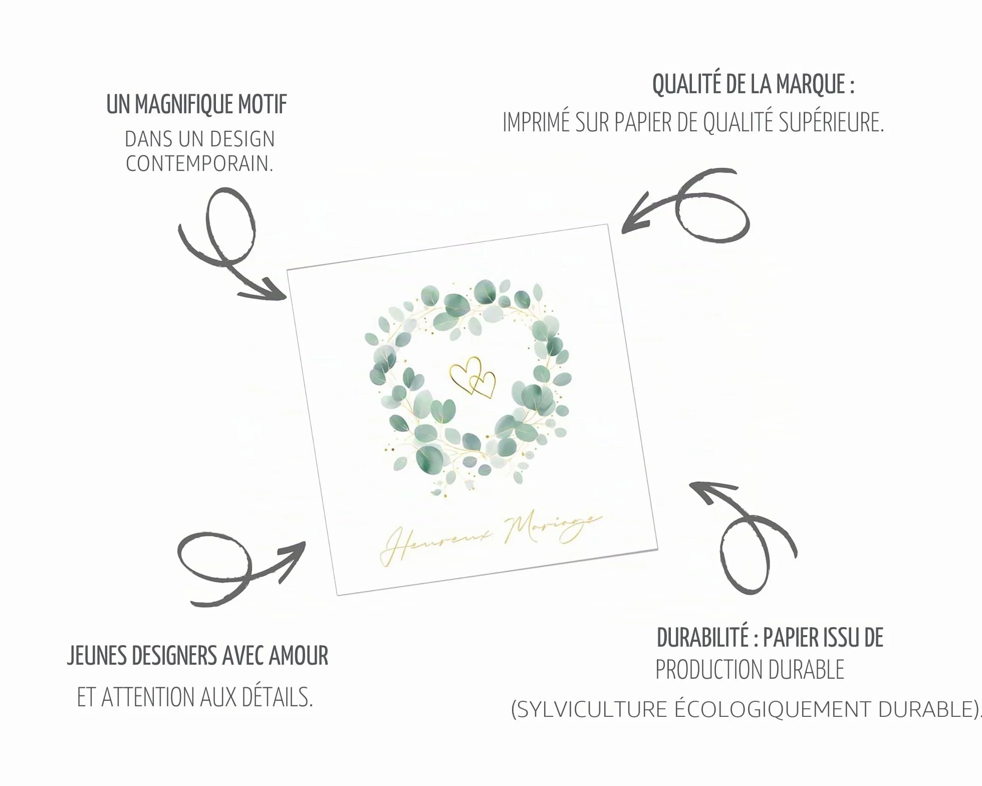 Edition Seidel Carte de vœux de mariage carrée de qualité supérieure avec enveloppe cœur eucalyptus HQ164 SW025