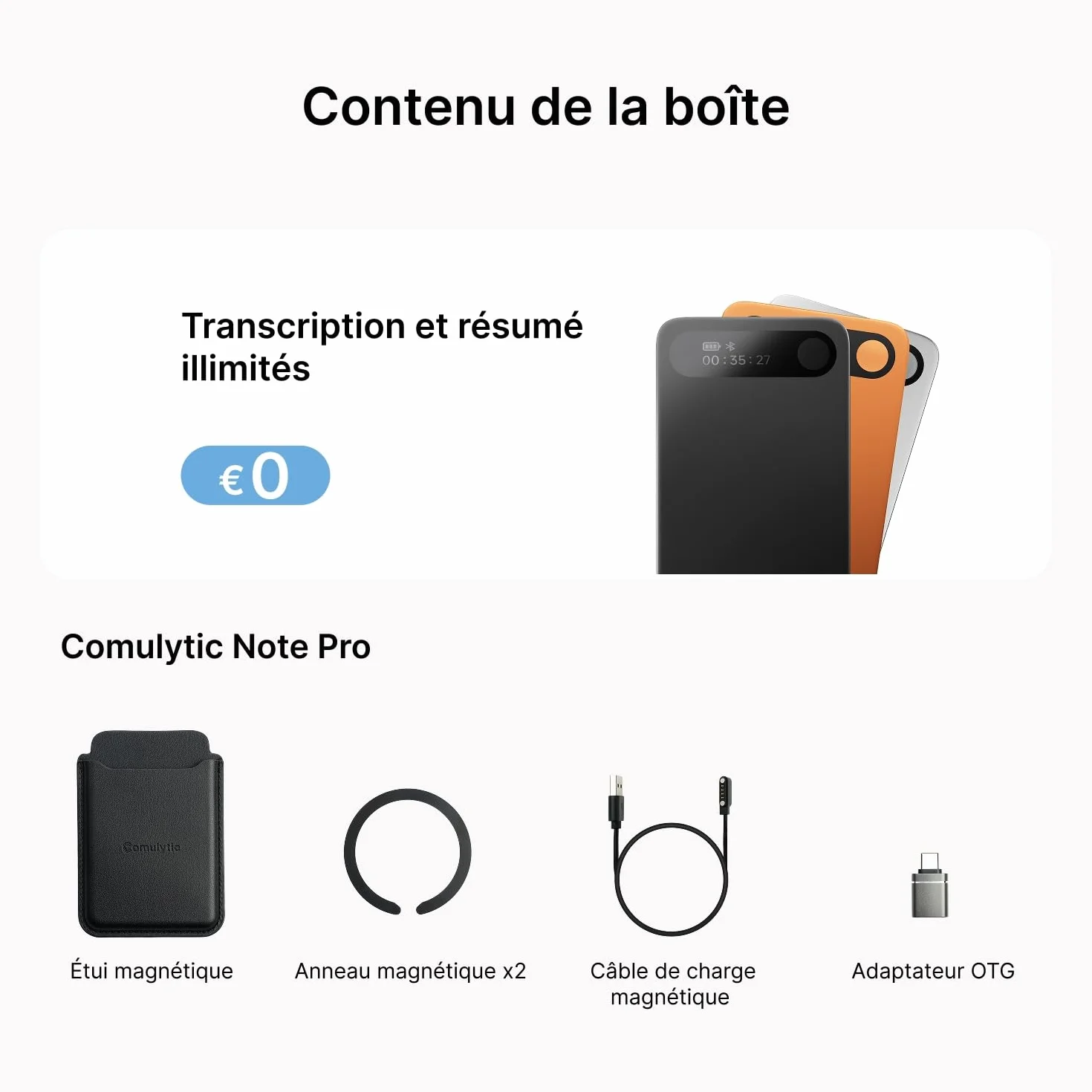 Comulytic Note Pro Enregistreur Vocal IA numérique Transcription résumé illimités dictaphone contrôle Application étui 113 Langues Noir