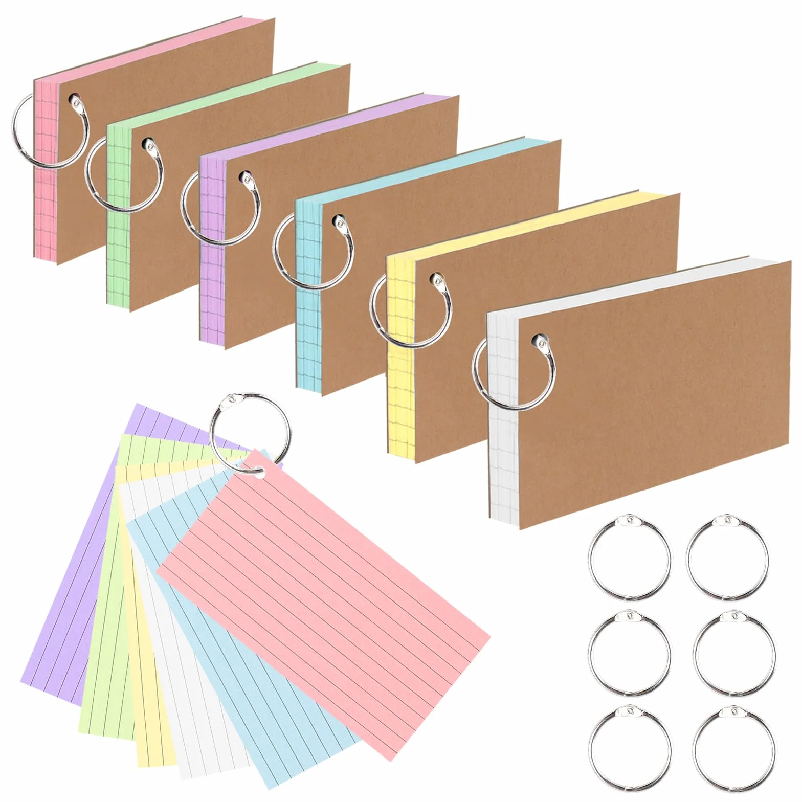 300 pièces Fiches de Révision, Flash Cards avec Anneaux de Reliure, Couverture Kraft, 12,8x7,8cm pour Étudiant