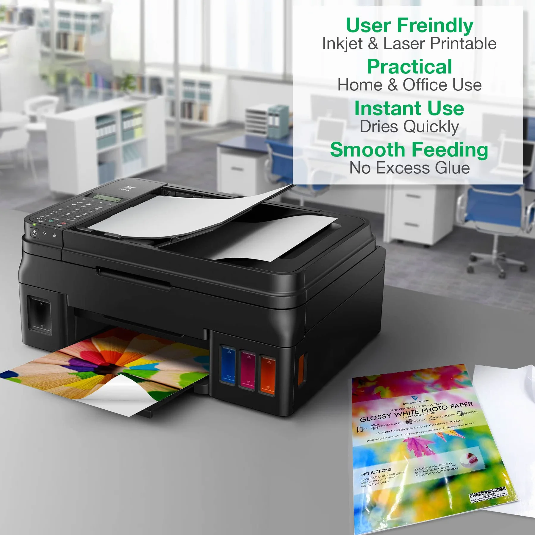 Evergreen Goods A4 Papier Autocollant Brillant Imprimable 100 gsm Résistant aux Éclaboussures Jet d'Encre et Laser Feuilles Autocollantes Recyclables Blanches