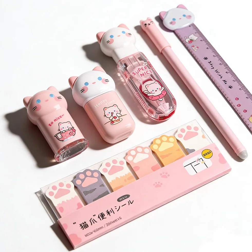 Ensemble de papeterie Chat fournitures scolaires Trousse règle ruban correcteur gomme stylos bureau Rose