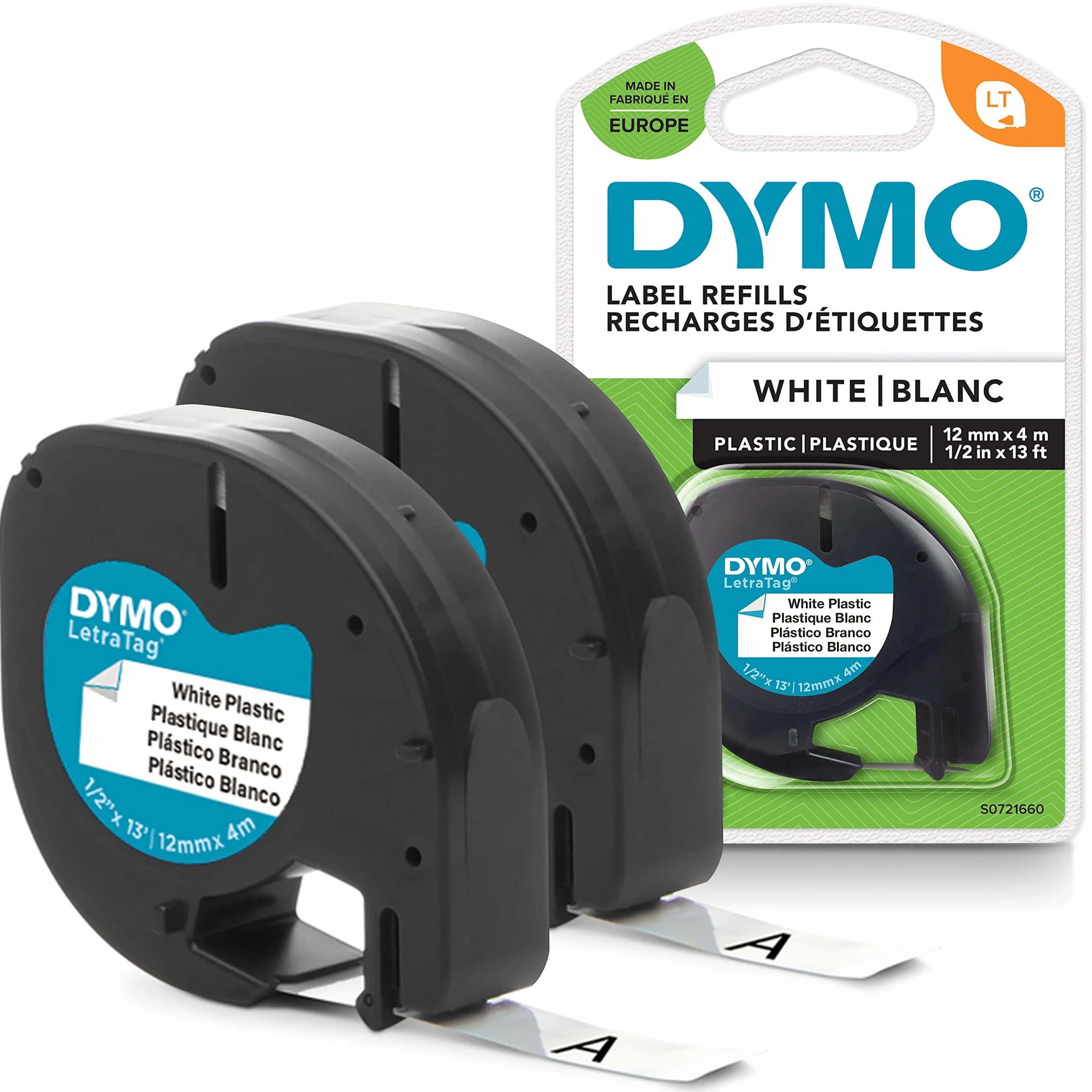 DYMO LetraTag Étiquettes en Plastique Authentique 12 mm x 4 m Noir sur Blanc 2 étiquettes