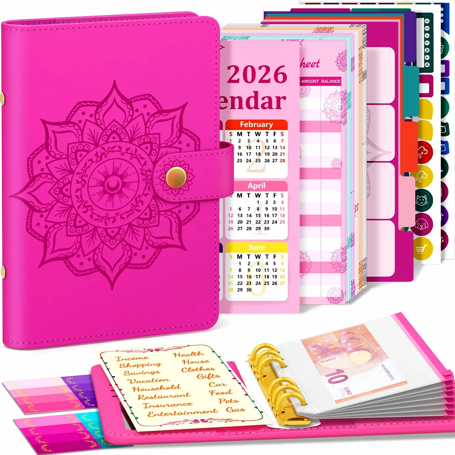 Agenda budgétaire A6 2026 avec planificateur et enveloppes financières rouge