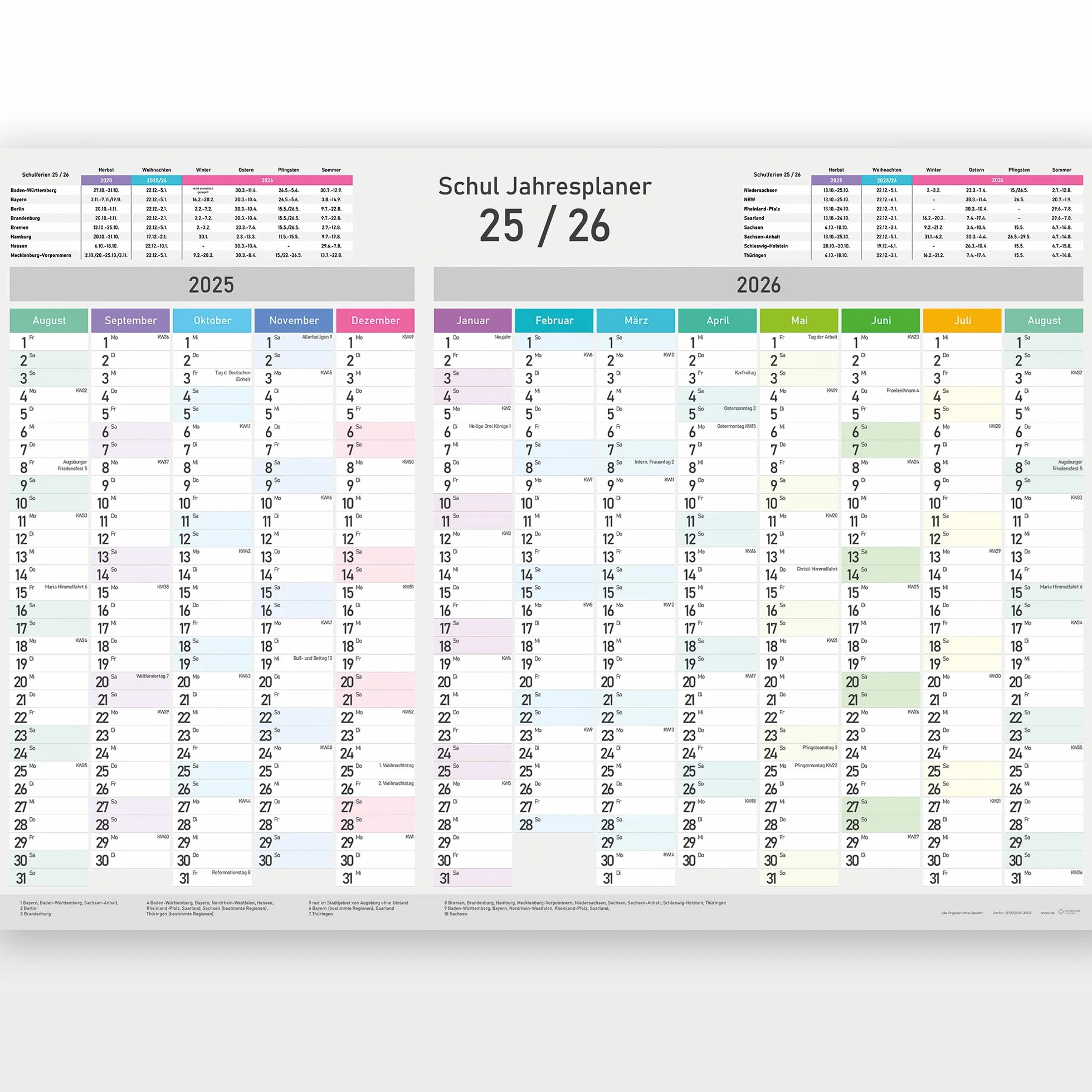 Calendrier scolaire XXL 2025/2026 mural A1 84 x 59 cm planificateur annuel avec semaines jours fériés vacances