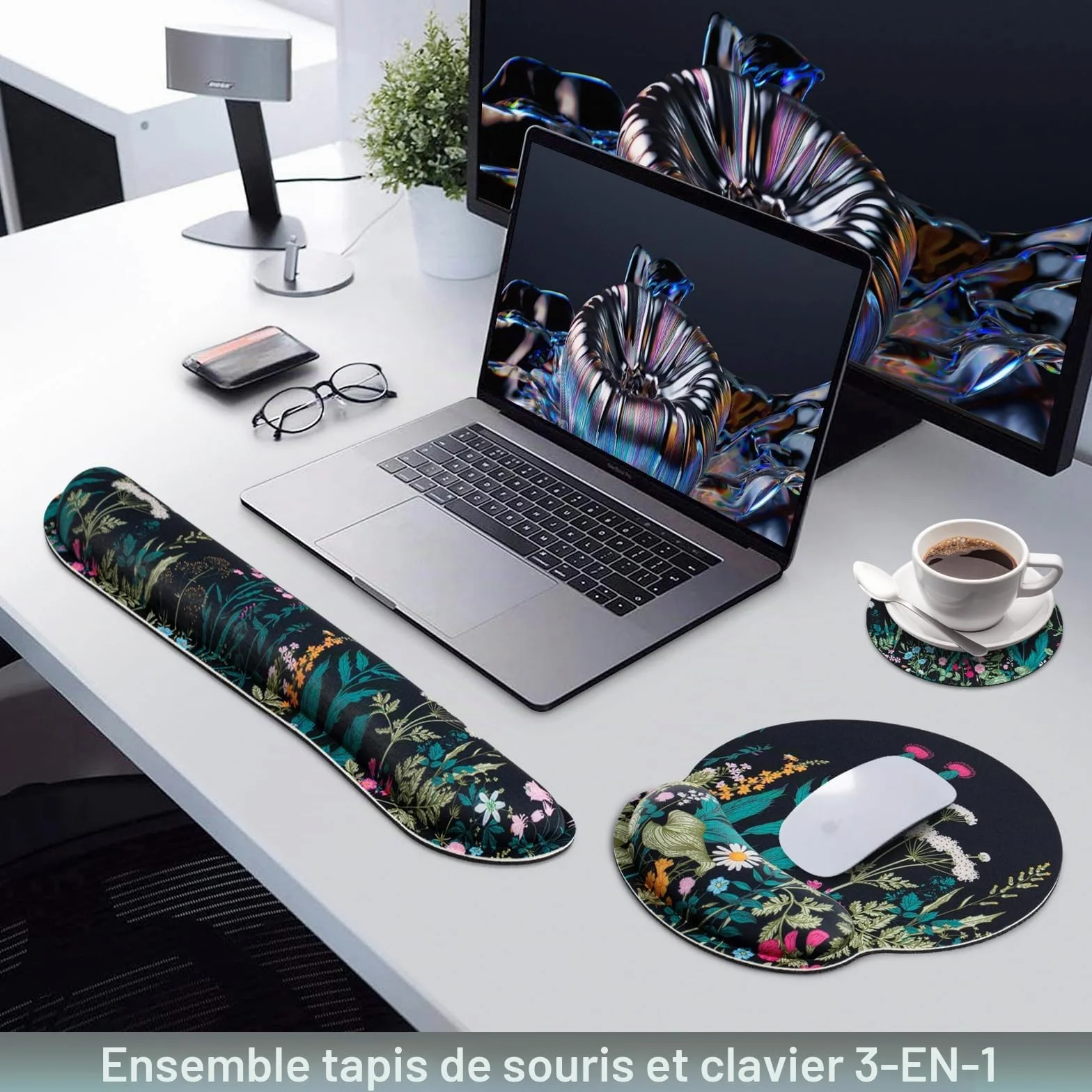 Tapis de Souris avec Coussin Gel 3 en 1 Repose-Poignet Ergonomique Antidérapant, 3mm Mousse à Mémoire, Lavable pour PC Bureau