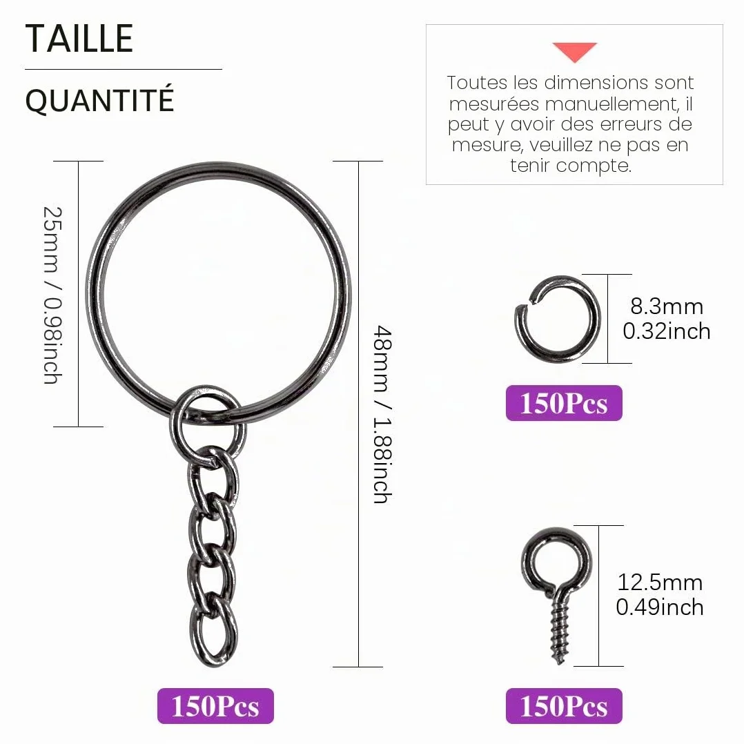 Lot de 450 porte-clés noirs 25 mm avec anneaux et épingles à œillet