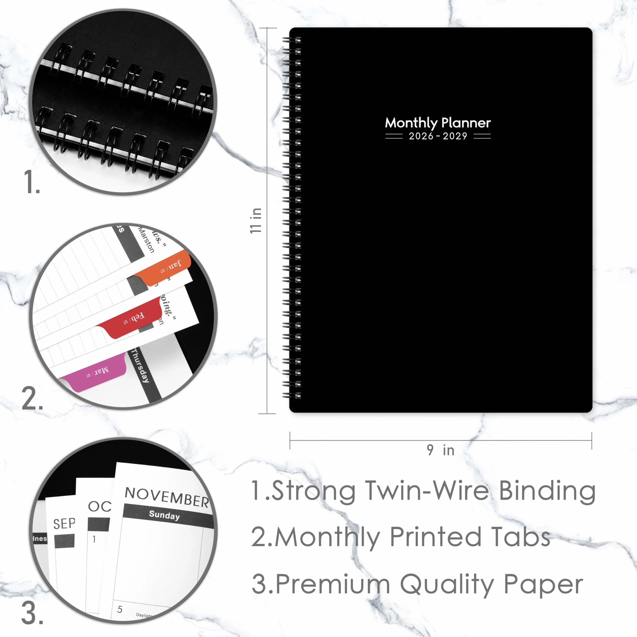 Planning mensuel 2026-2029 – Planificateur mensuel 3 ans 22,9 x 27,9 cm avec onglets colorés