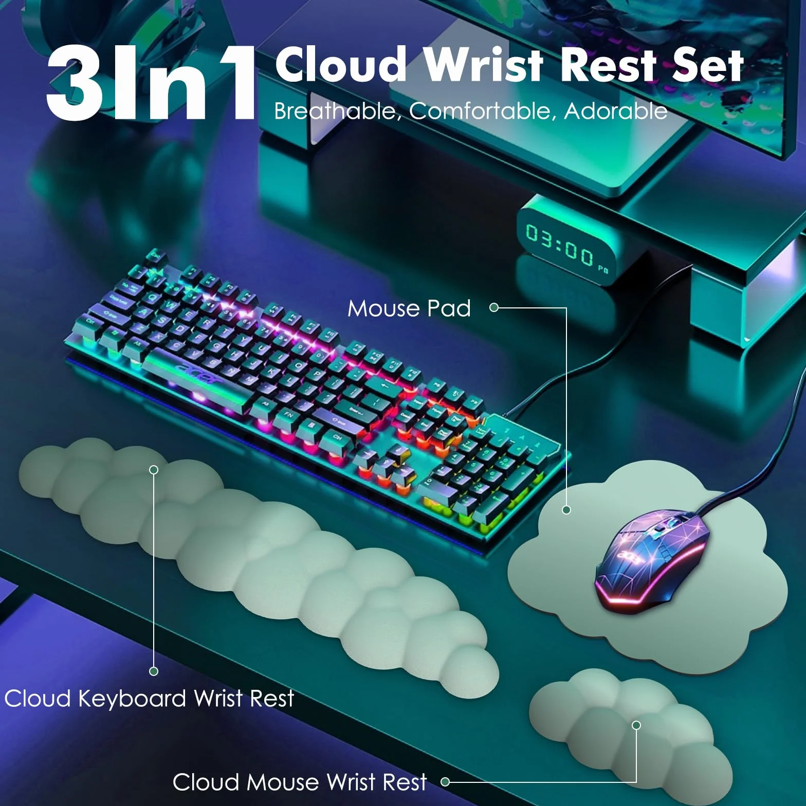MoKo Repose-Poignets Ergonomique en Nuage pour Clavier et Souris, Polyester Durable, Vert