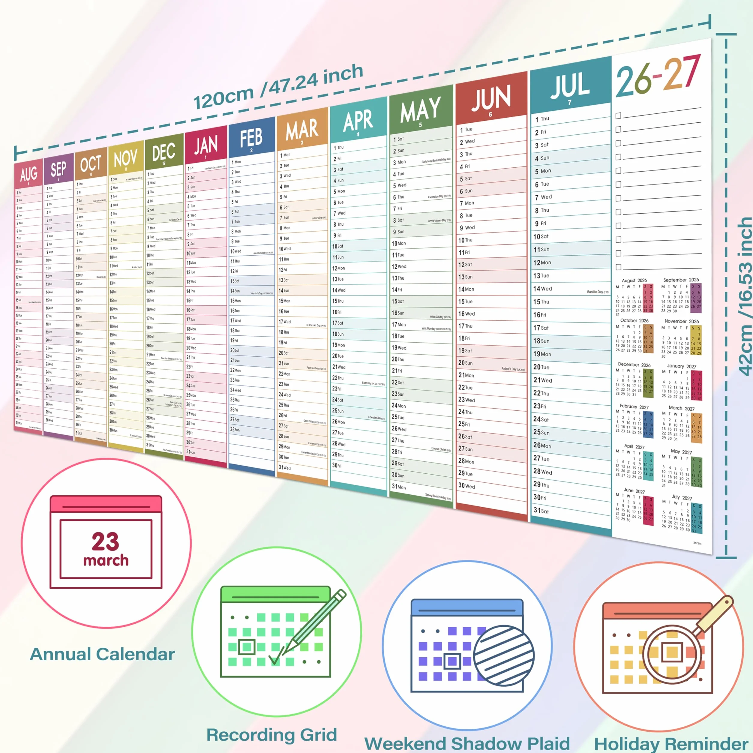 Calendrier mural 2026 grand format britannique 120 x 42 cm XXXL coloré