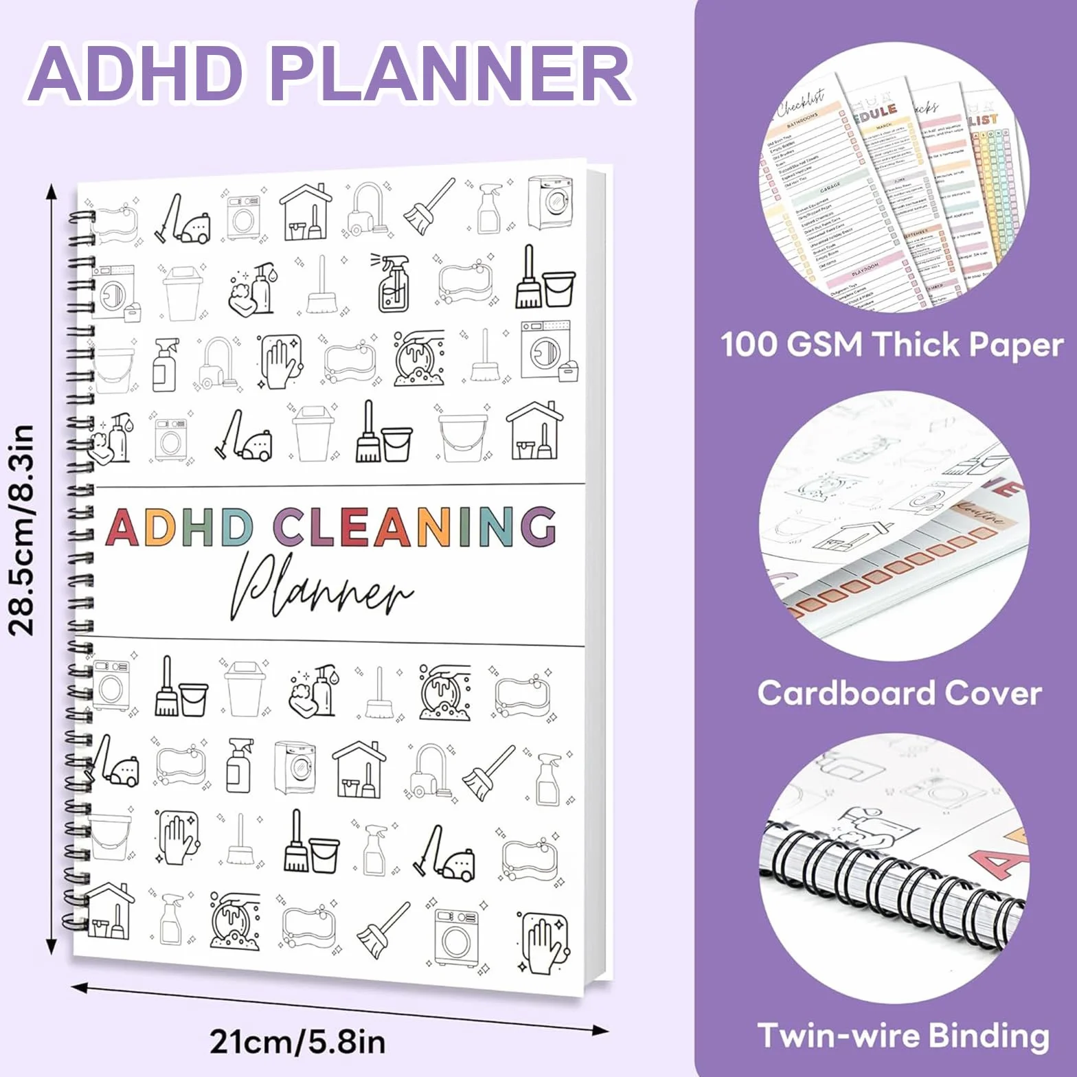 Planning de Ménage TDAH - Organisateur de Tâches Ménagères Quotidien Hebdomadaire Mensuel, Calendrier de Nettoyage à Spirale, 28,5x21cm, Blanc
