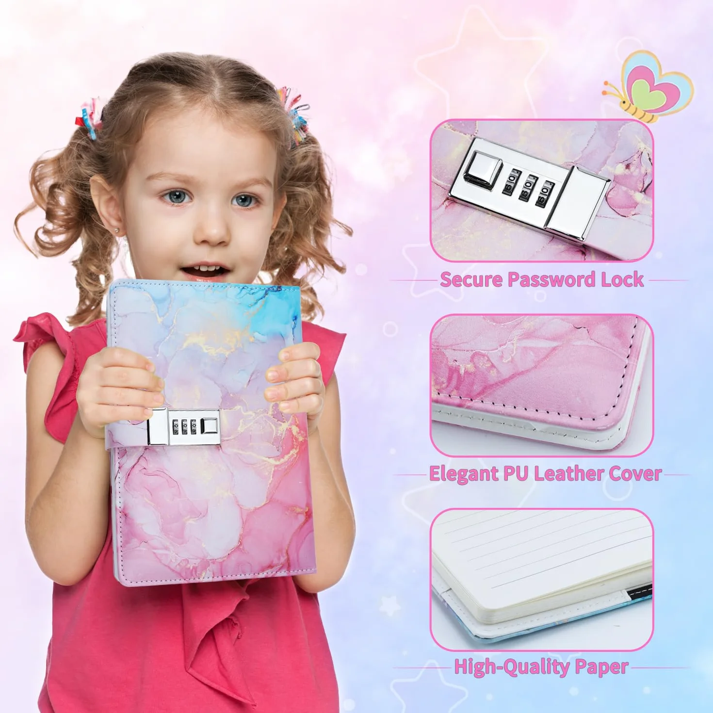 Journal Intime Fille avec Serrure à Combinaison, Carnet Secret Cuir PU avec Stylo, Marque-page, Bracelet, Set Papeterie Cadeau Adolescentes