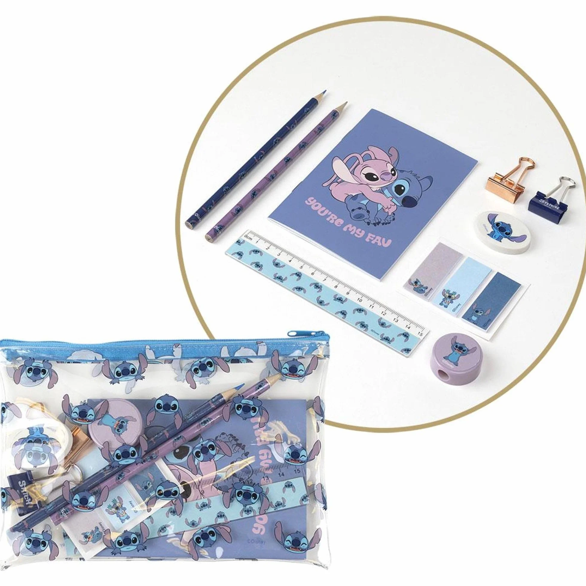 Set Papeterie Stitch Cerdá Life's Little Moments Bleu avec Trousse Cahier Crayon Taille-Crayon Gomme Règle Notes Autocollantes Trombones