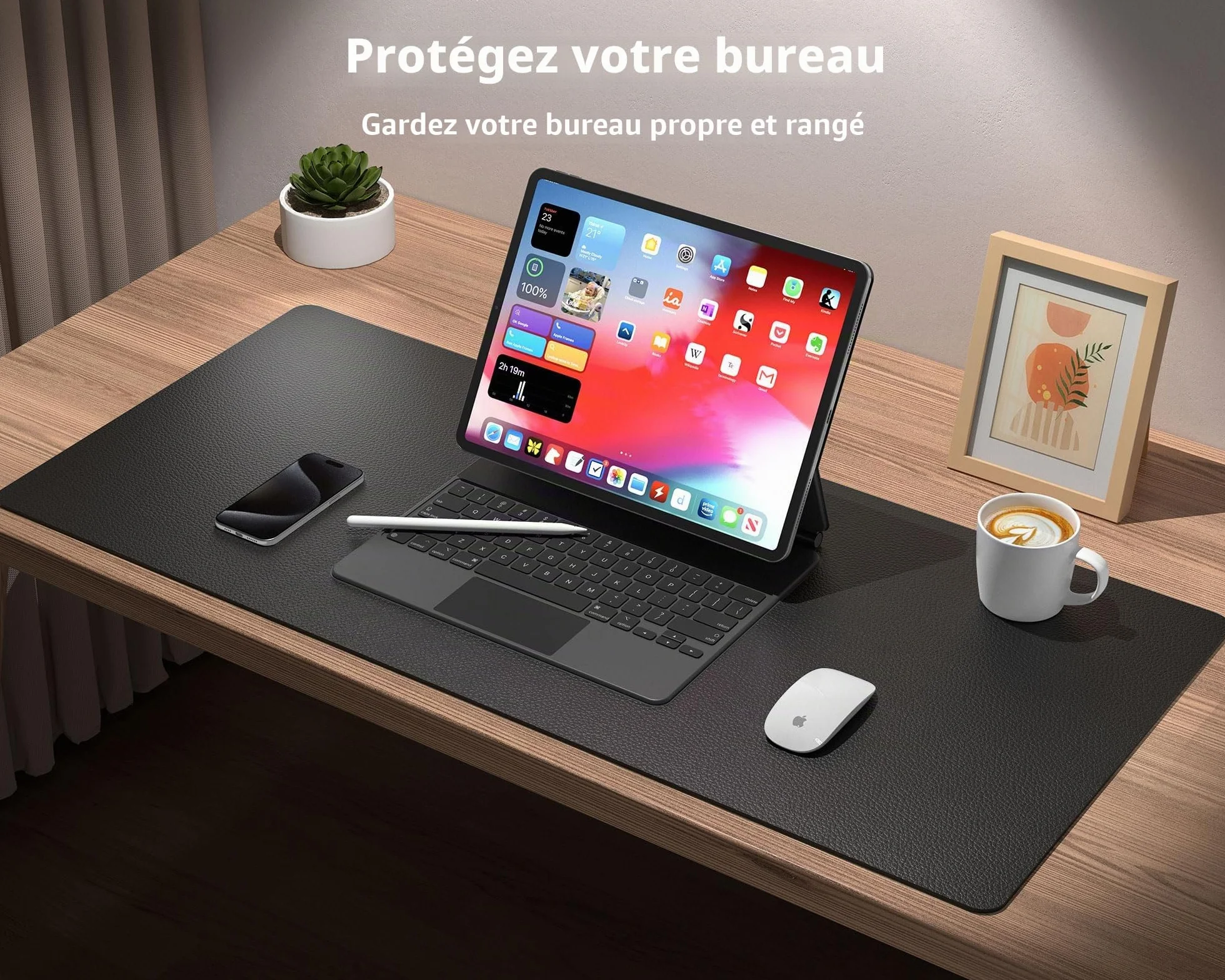 Sous-main tapis de bureau cuir PU 80x40 cm noir antidérapant protection étanche