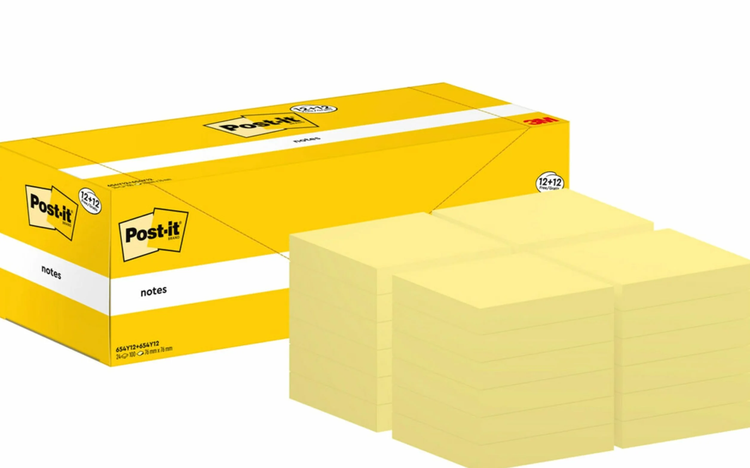 Post-it Notes Autocollantes 76 mm x 76 mm Jaune Pastel, Pack Promo 12 Blocs + 12 GRATUITS, 100 Feuilles par Bloc