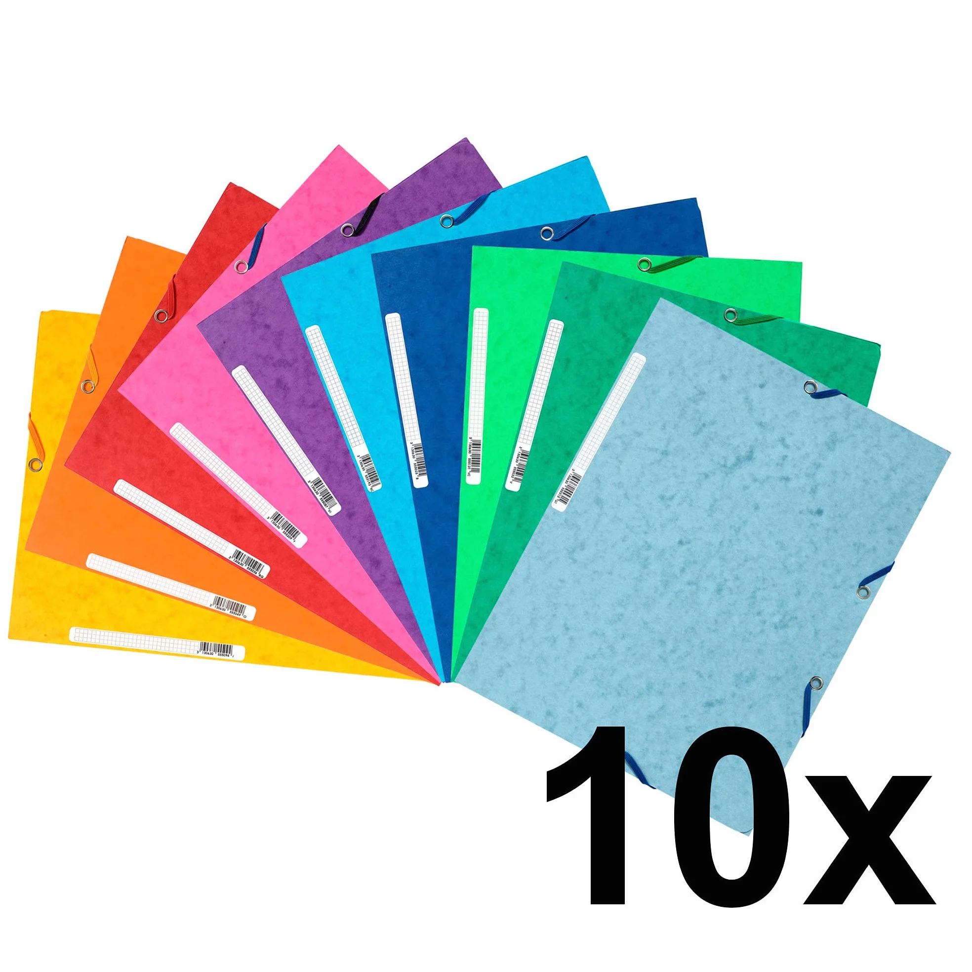 Exacompta Paquet de 10 chemises à élastiques pochettes 3 rabats carte lustrée 400 g/m2 24 x 32 cm A4 10 couleurs assorties