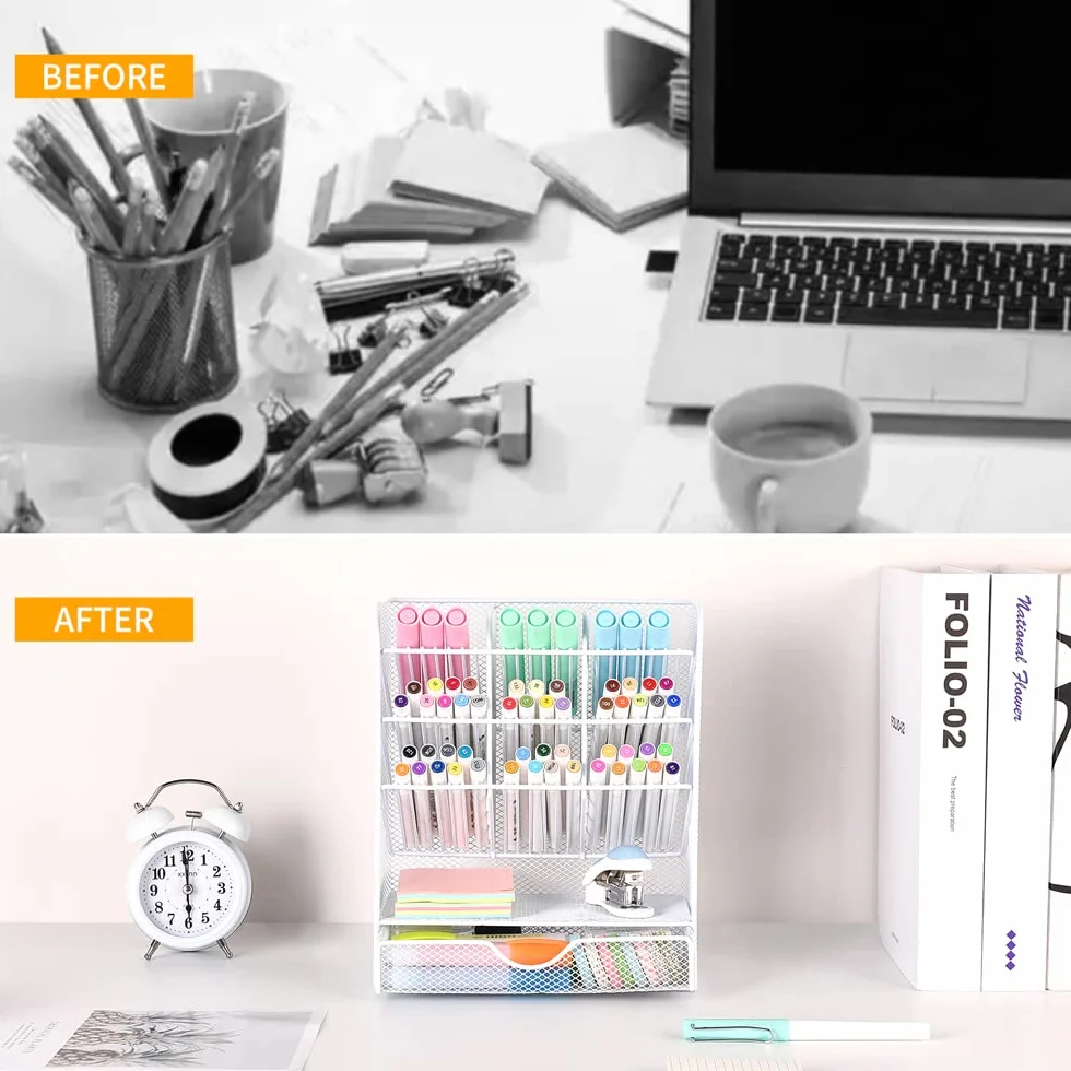 Pen Holder Desk Organizer with 10 Compartments and 1 Drawer White