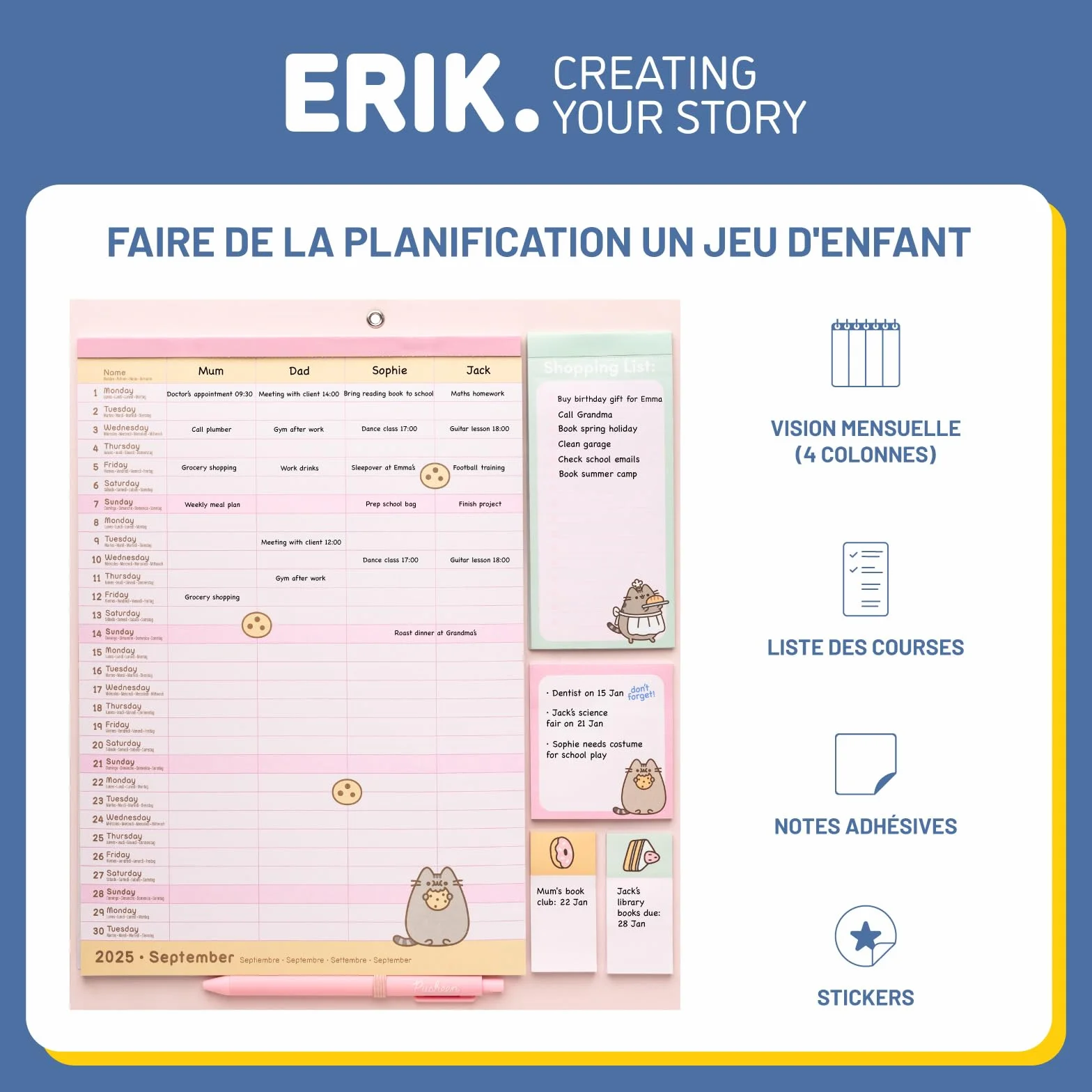 Grupo Erik Calendrier Magnétique Frigo Pusheen Septembre 2025 Décembre 2026 Planificateur Mensuel 16 mois Familial