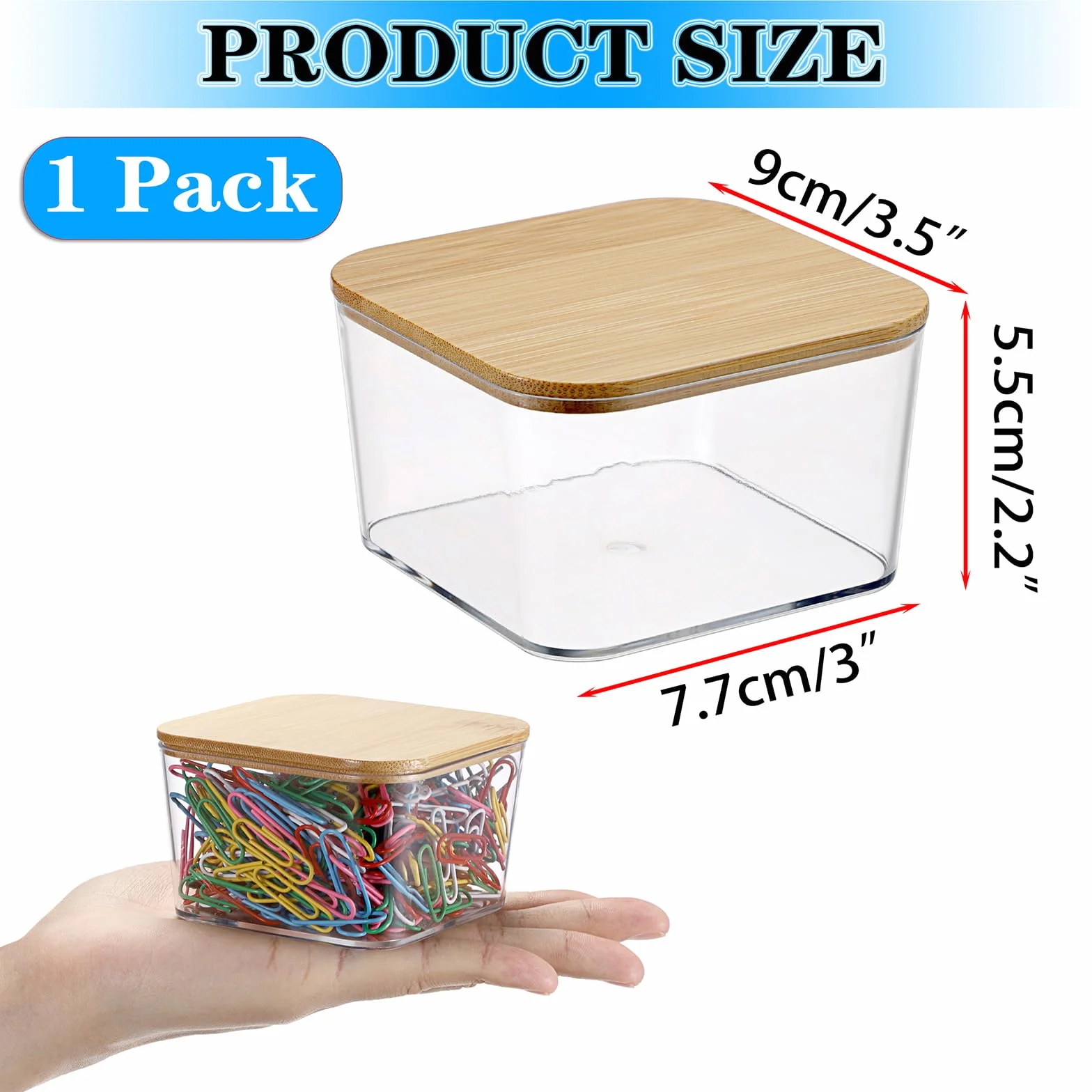 Organisateur de bureau Distributeur de trombones boîte en plastique couvercle bambou 7,7 cm