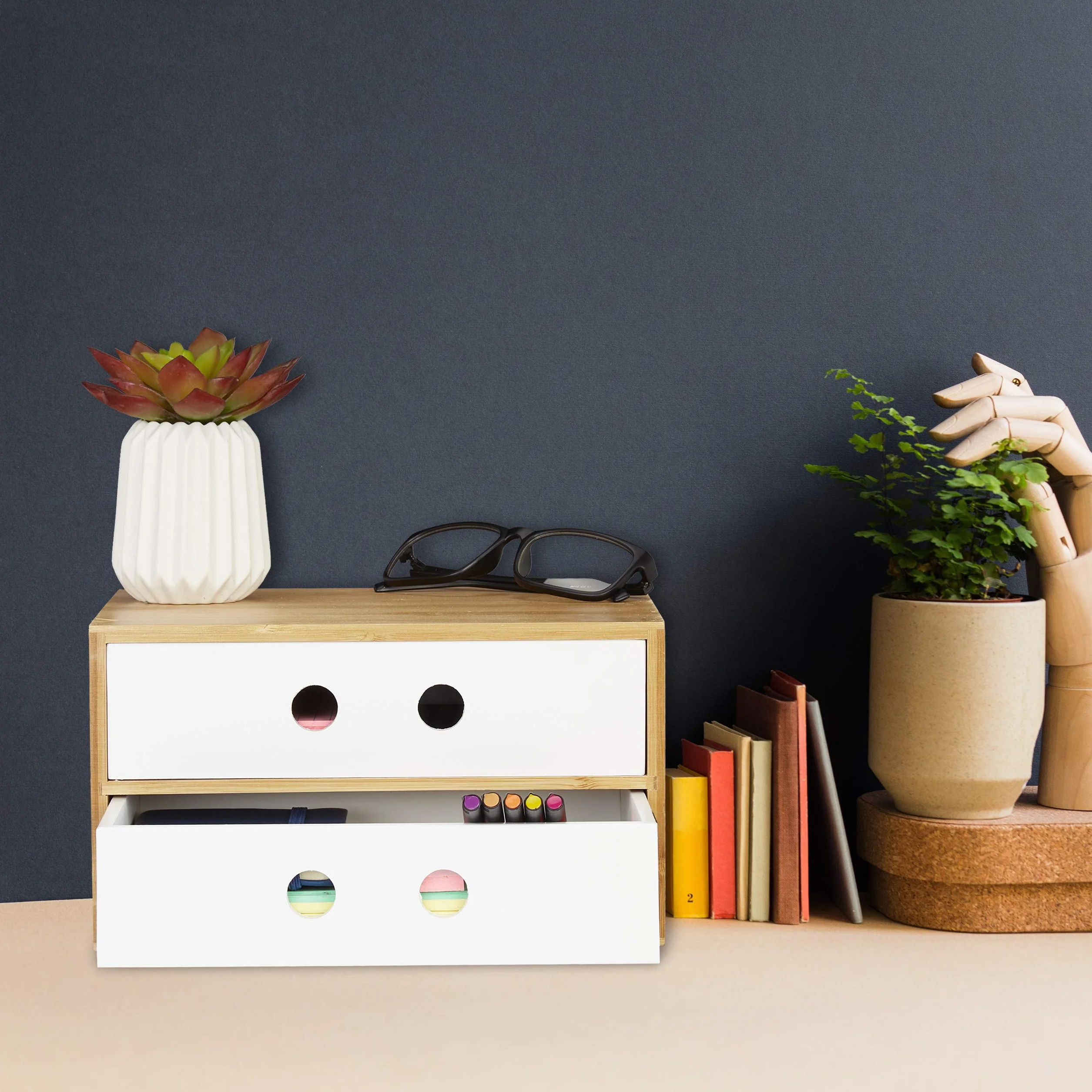 Relaxdays Organiseur de Bureau 2 Tiroirs Bambou MDF Rangement HLP 14 x 25 x 20 cm Blanc