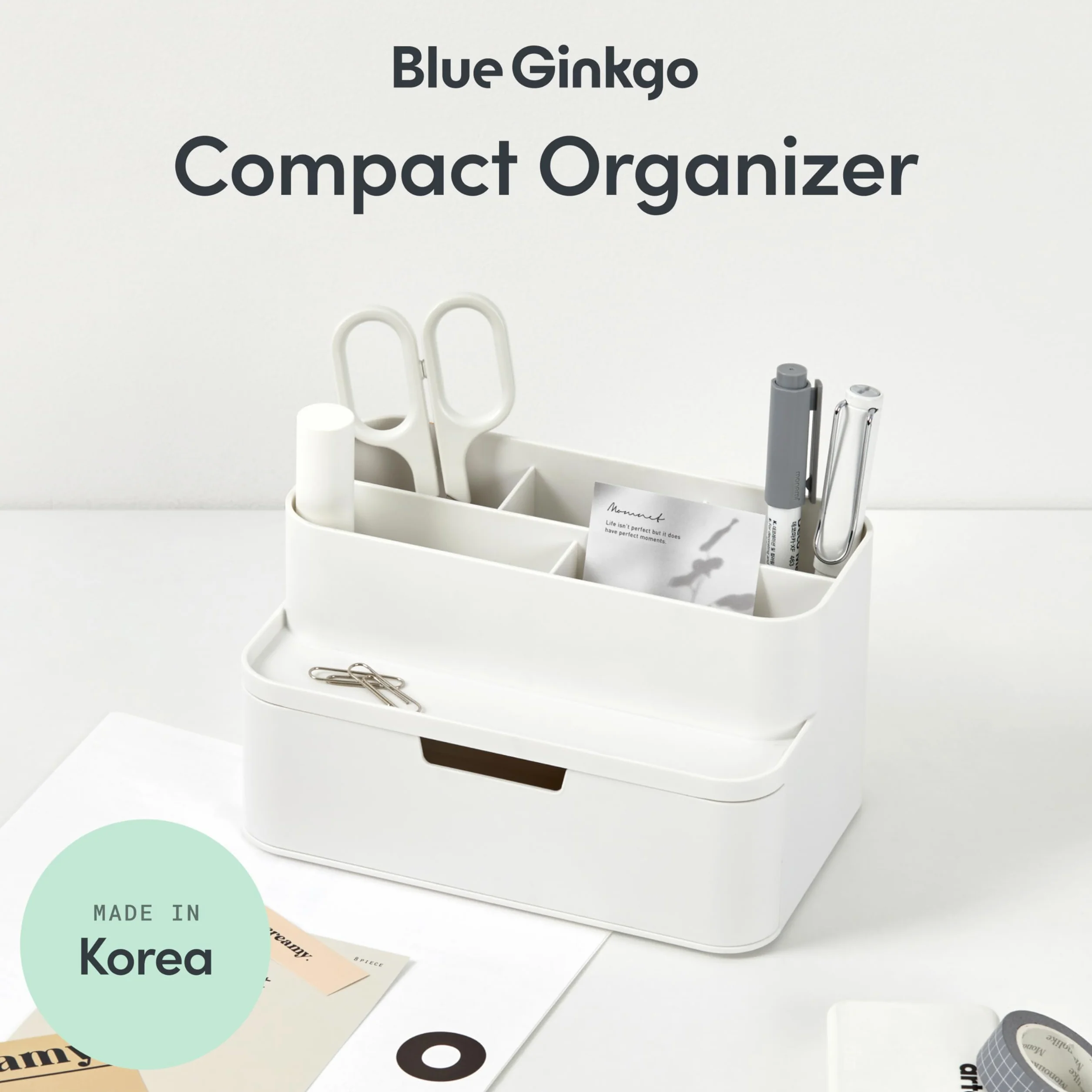 BLUE GINKGO Organisateur de Bureau Compact 5 Compartiments Demi-tiroir Porte-stylos Fabriqué en Corée Blanc