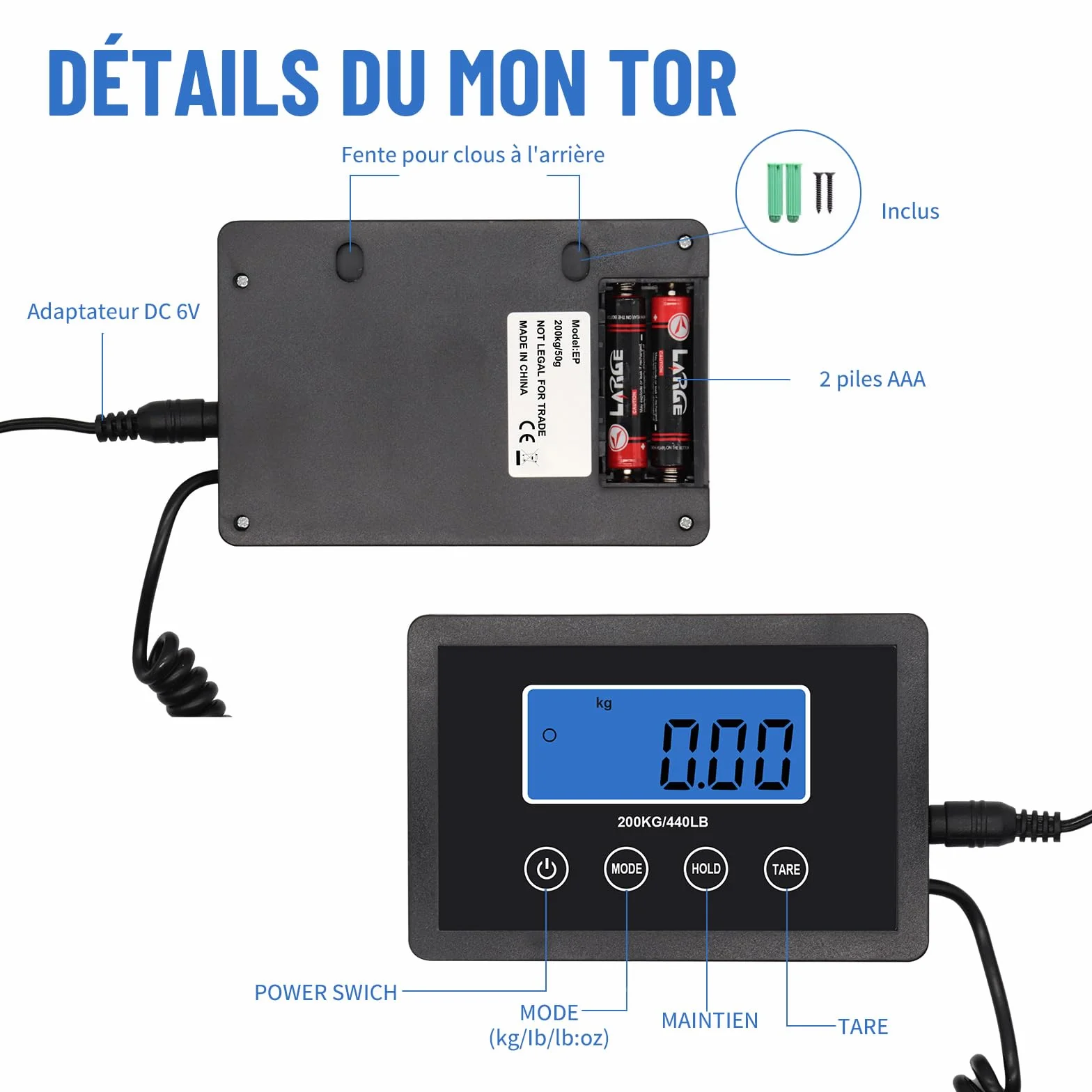 Balance Colis Numérique UNIWEIGH 200kg/10g, Acier Inoxydable avec Fonction Hold/Tare, Écran LCD