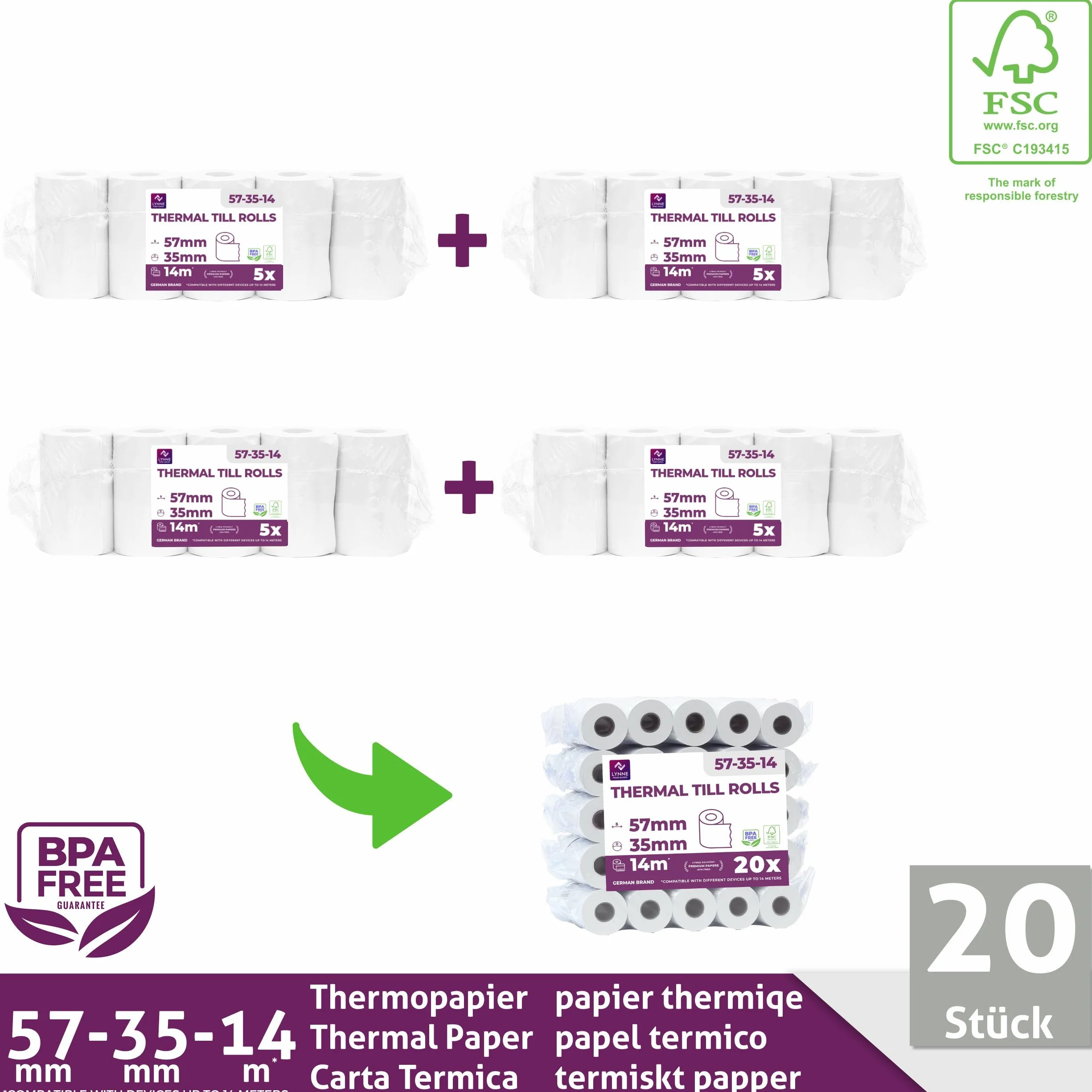 Rouleau TPE Carte Bancaire 57x35x12 - Bobine Papier Thermique 57mm x 14m x 12mm - sans BPA - 20x