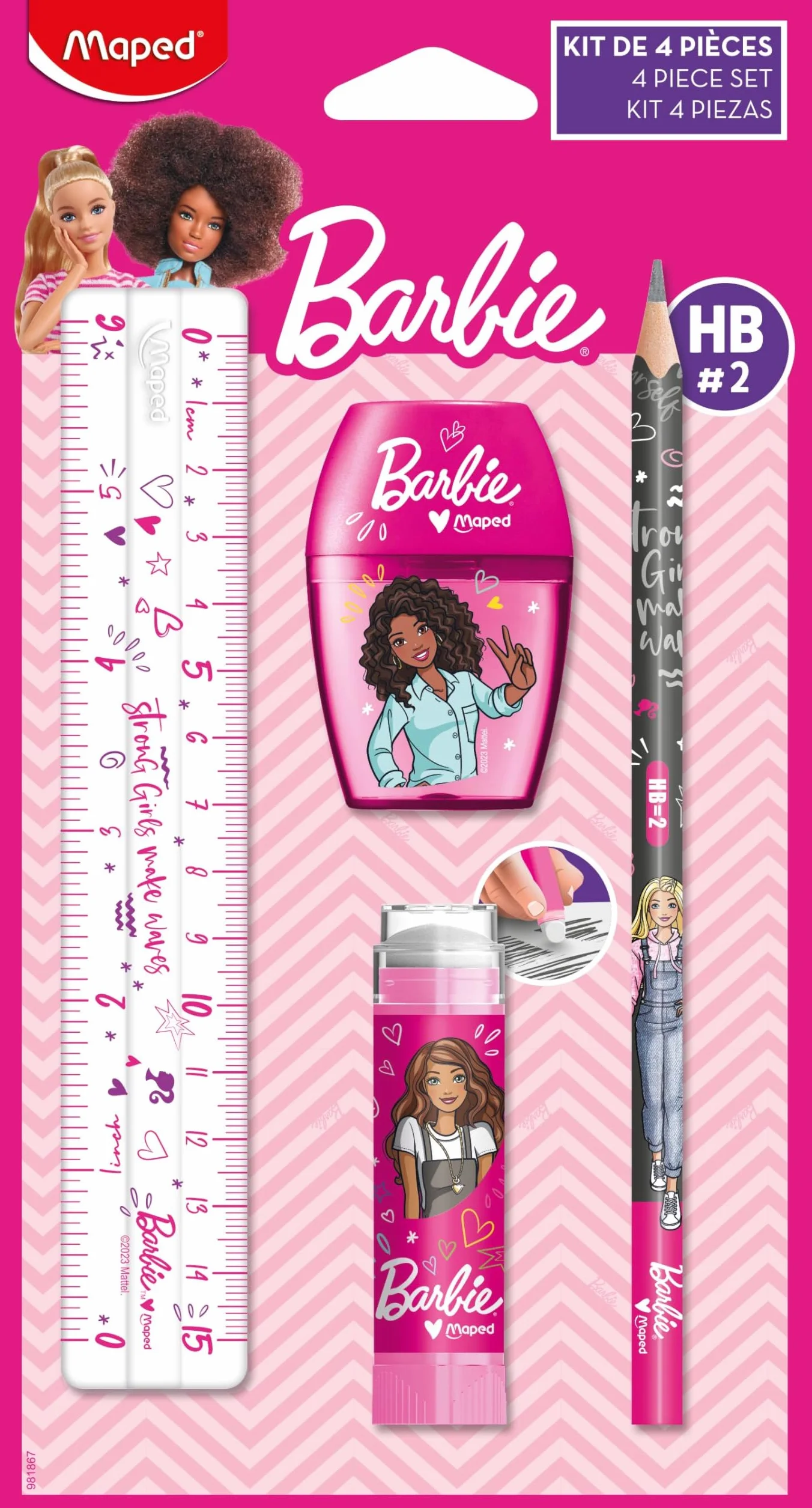 Maped Set de Papeterie Barbie 4 Pièces - Règle 15cm, Taille-Crayons, Gomme, Crayon HB