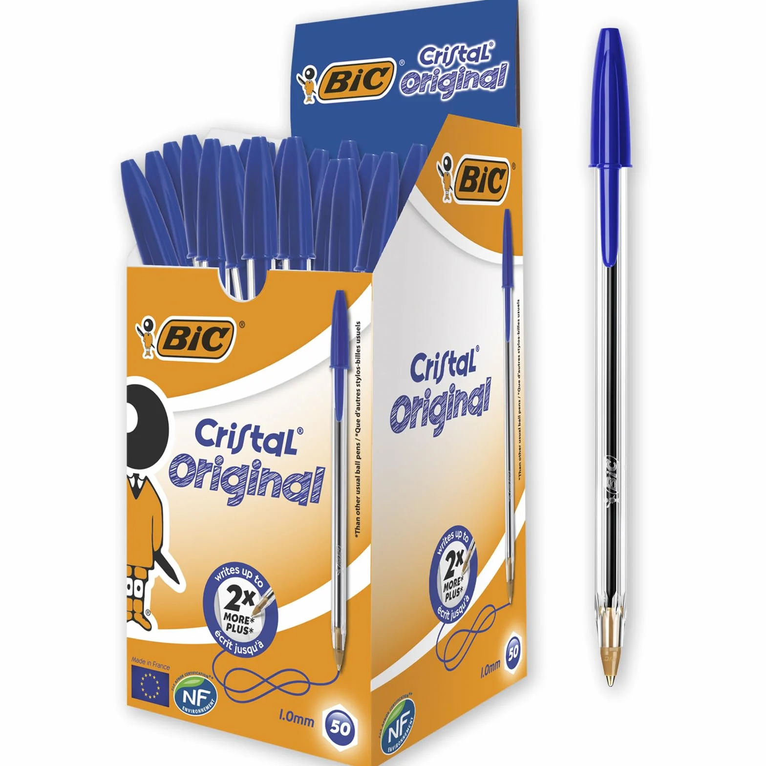 BIC Cristal Original Stylo-Bille Pointe Moyenne 1,0 mm Bleu Boîte de 50