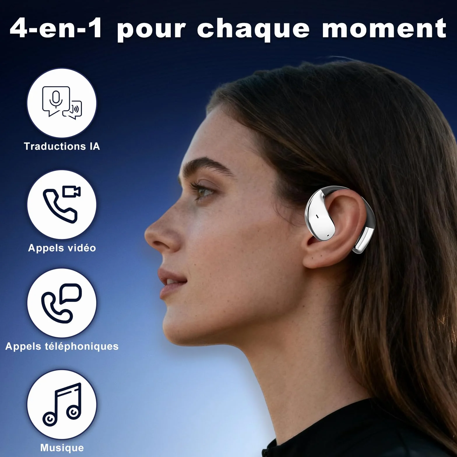 AI Ecouteur Traducteur Vocal Instantané 60H Bluetooth 5.4 Ecouteurs sans Fil Open Ear 164 Langues 3 en 1 Traduction Vocale