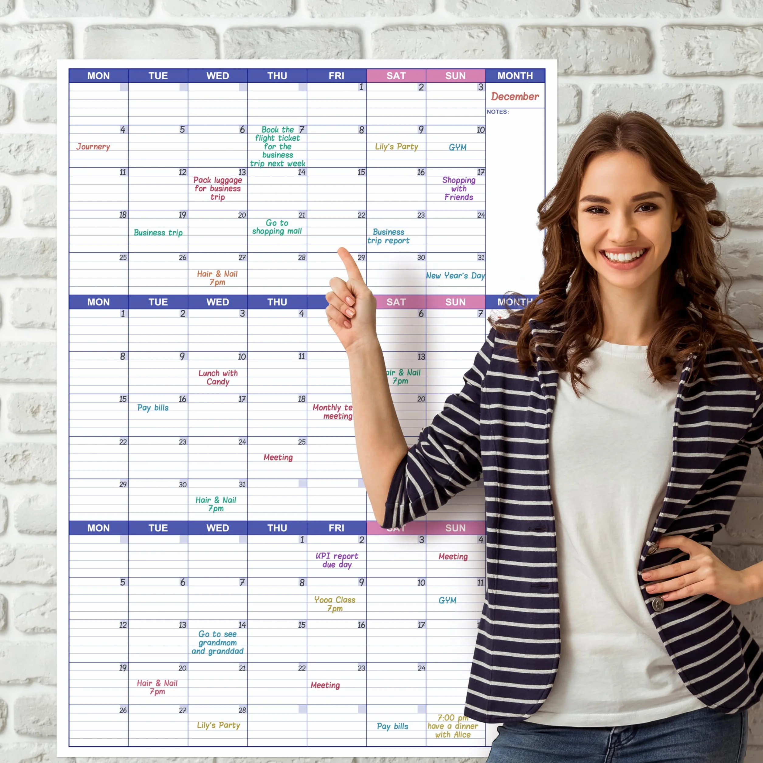 Grand calendrier mural non daté effaçable à sec réutilisable 101 x 73 cm planificateur trois mois organisateur objectifs tâches maison bureau