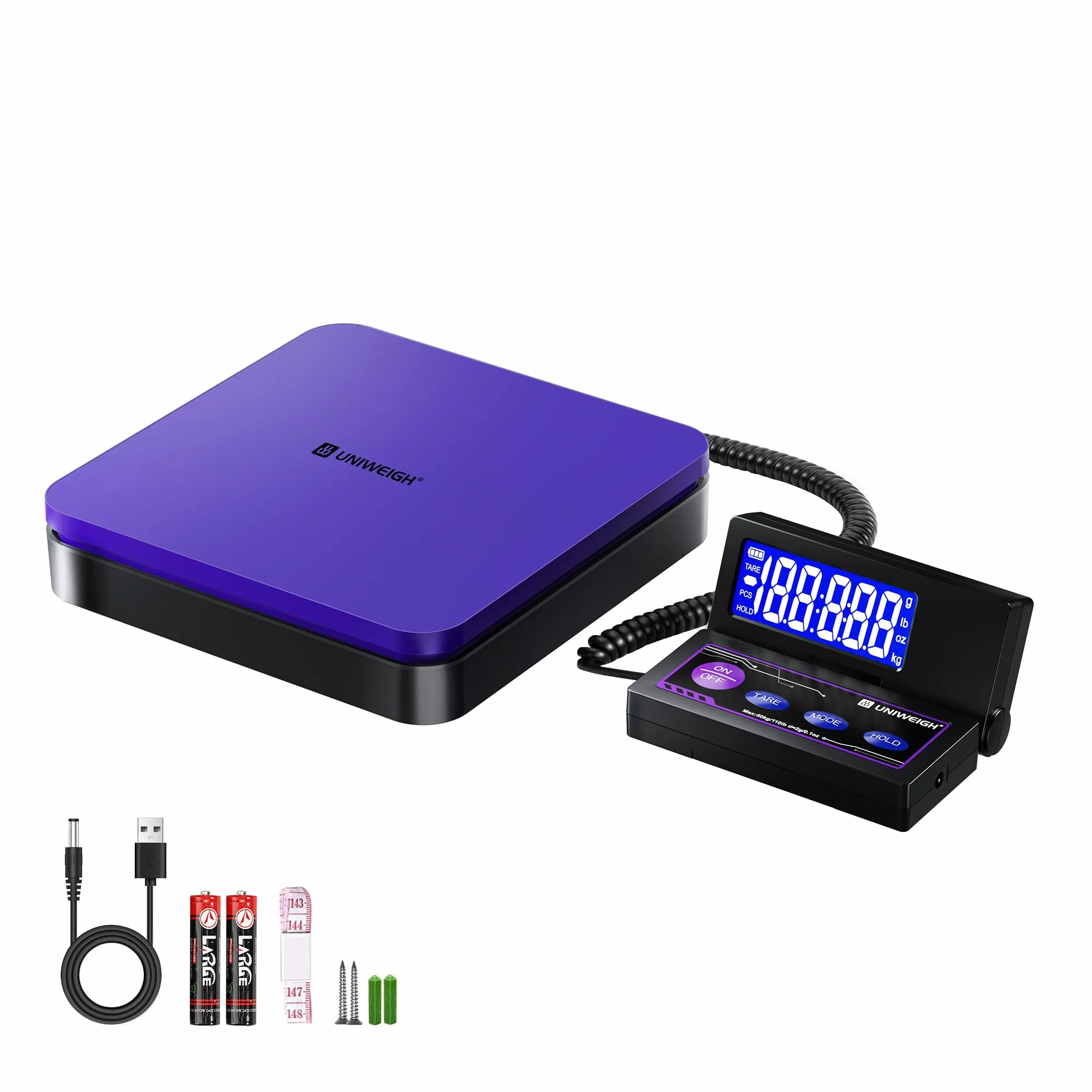 UNIWEIGH Balance d'expédition numérique 110lb/0.1oz, balance postale avec LCD, tare, arrêt automatique, Batterie/USB inclus