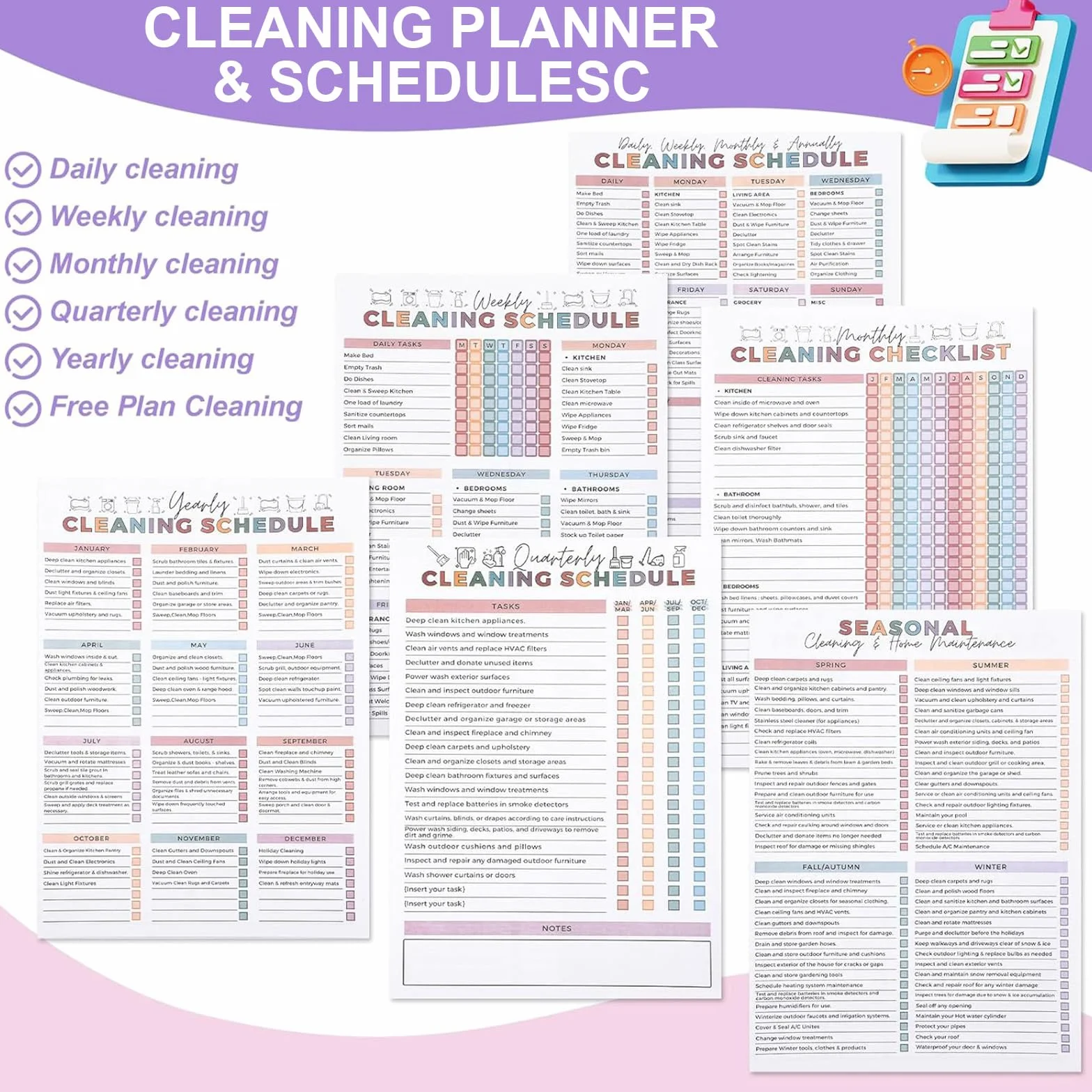 Planning de Ménage TDAH - Organisateur de Tâches Ménagères Quotidien Hebdomadaire Mensuel, Calendrier de Nettoyage à Spirale, 28,5x21cm, Blanc