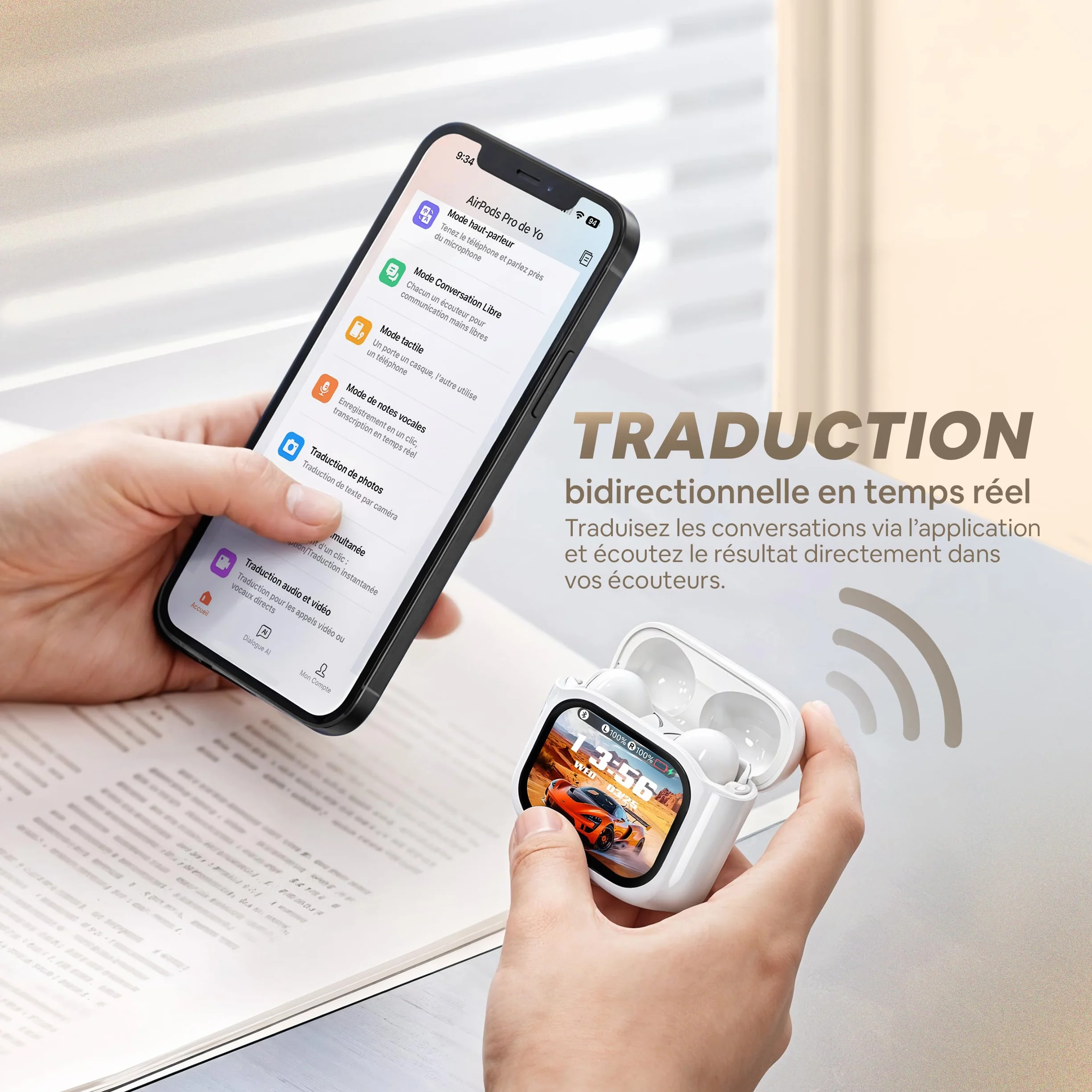 Traducteur Vocal Instantané IA 158 Langues - Écouteur Traduction Temps Réel iOS Android ANC Boîtier Écran Tactile