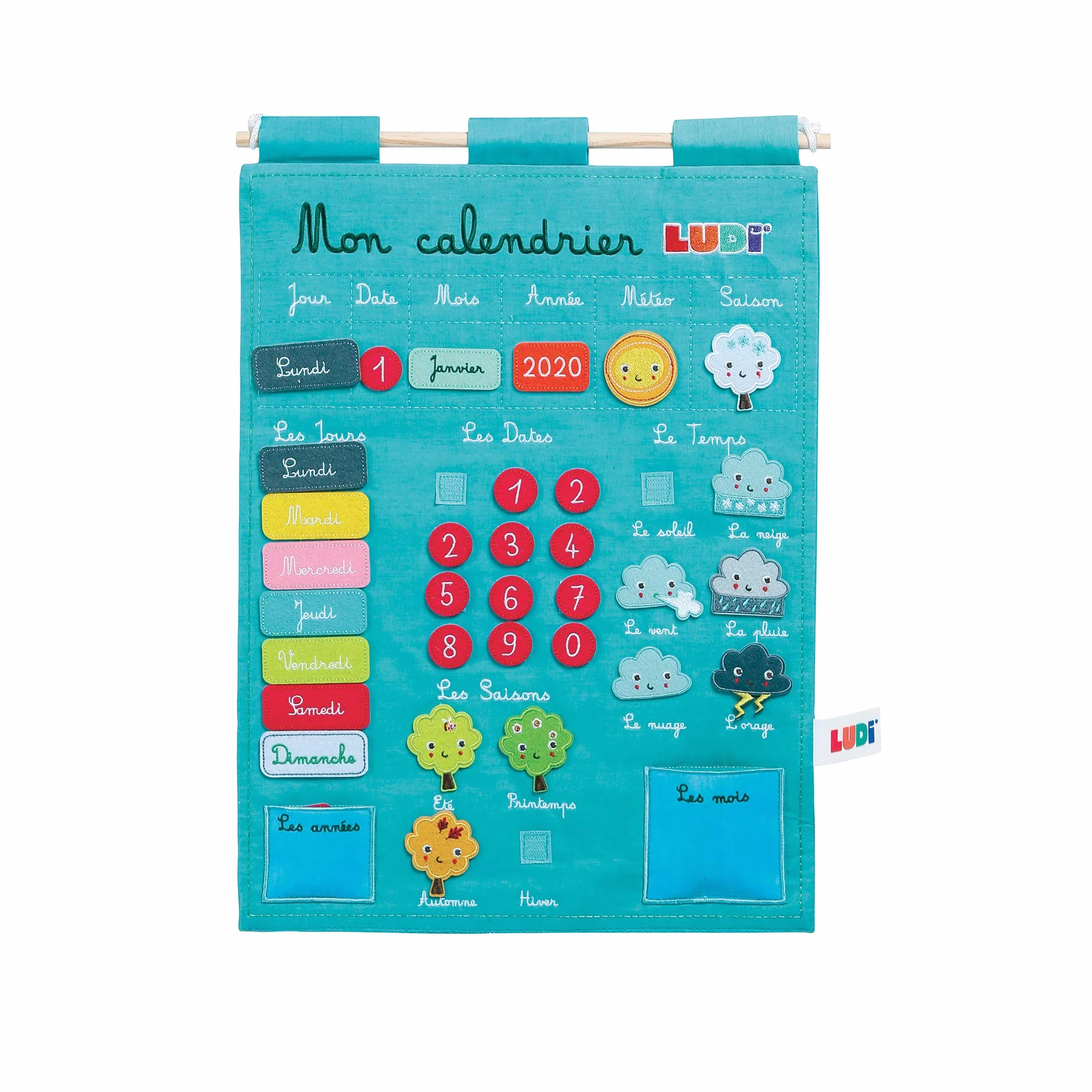 LUDI Calendrier éducatif bleu en tissu brodé 45 étiquettes amovibles à scratch 40 x 53 cm dès 3 ans