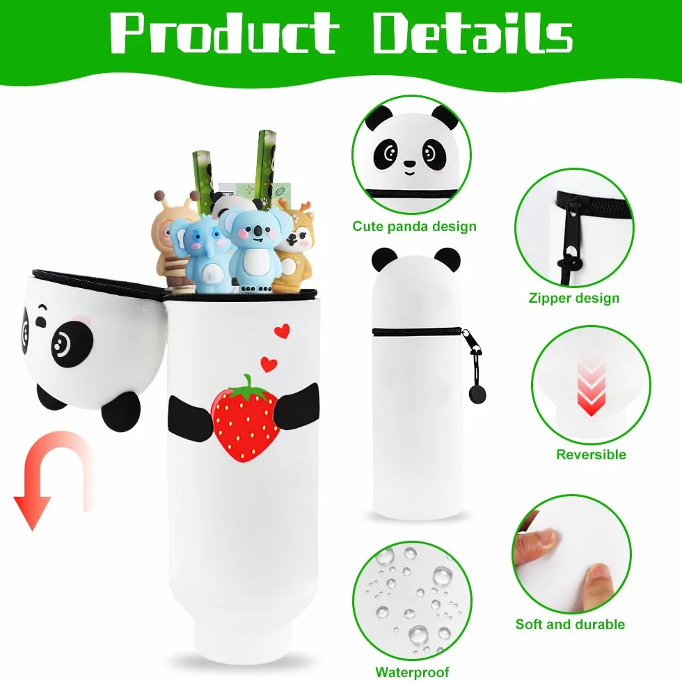 Trousse Silicone 2 en 1 Cartoon Stand Up réglable pour Enfants avec Stylos Gel - Panda Fraise