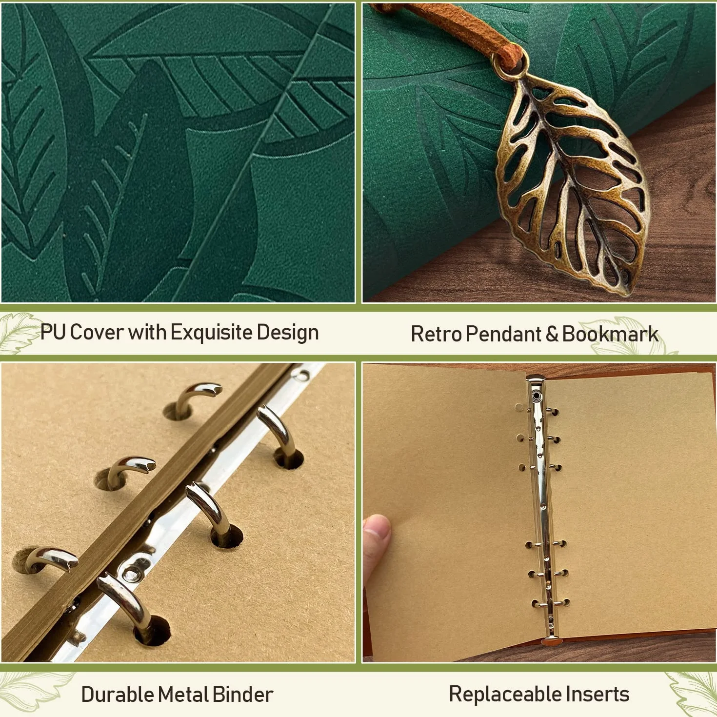 Carnet de Notes A5 Cuir 160 Pages 100 g/m² 14.1x21cm Couverture Rigide avec Bande Élastique (Vert)