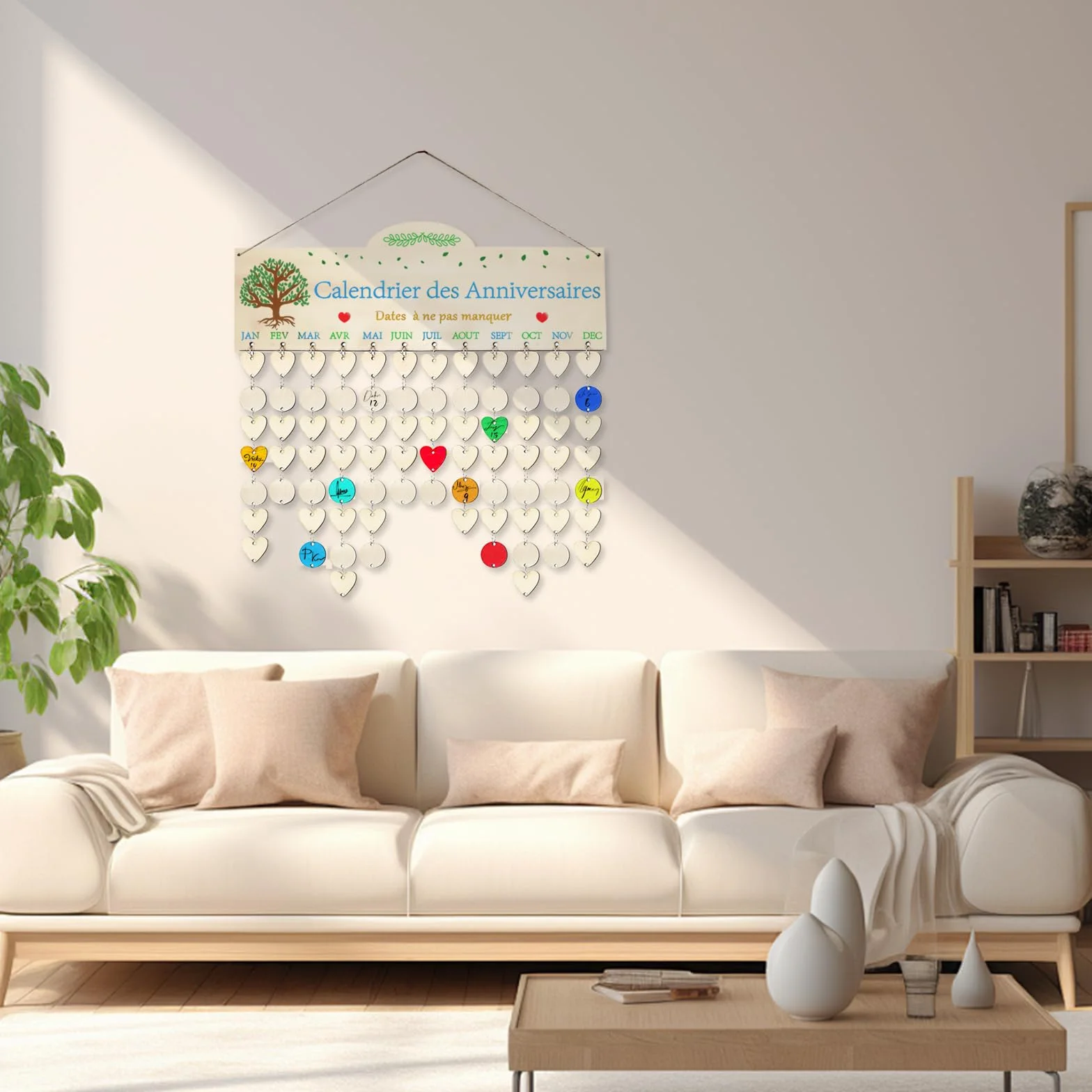 Calendrier d'Anniversaire en Bois Français Plaque de Rappel avec 100 Étiquettes Cœur Suspendu Décoration