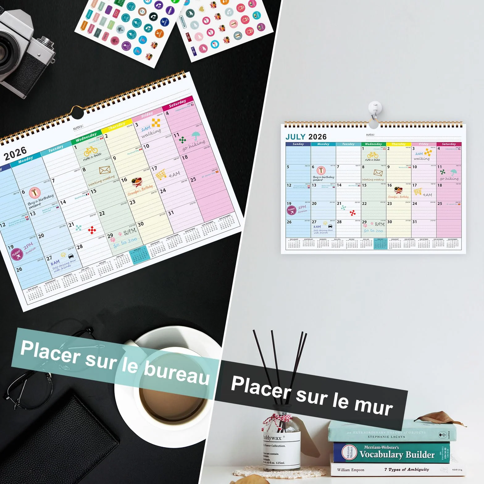 Calendrier Familial Juillet 2026 à Décembre 2027, A4 Mural Mensuel Bureau, Agenda Planning Organisateur avec Bobine, Autocollants