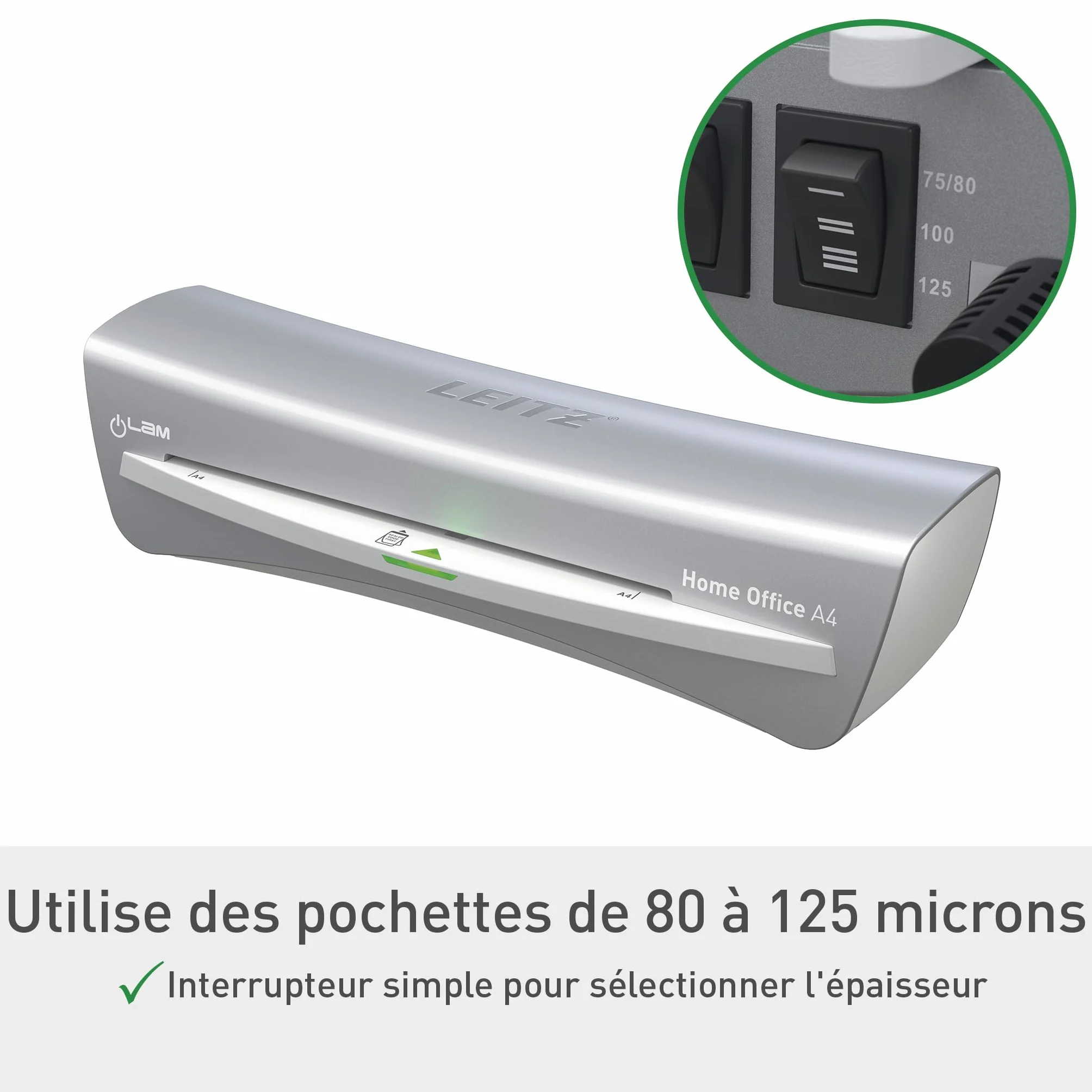 Leitz iLAM Home Office Plastifieuse A4 Préchauffage Rapide 3 Minutes 75-125 Microns Gris