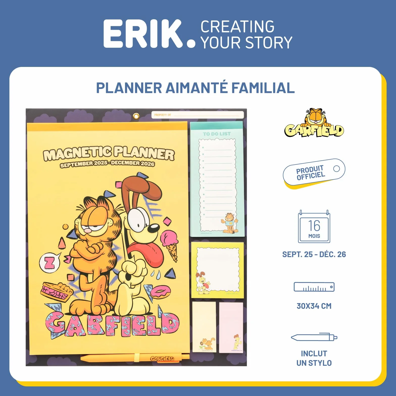 Grupo Erik Calendrier Magnétique Frigo Garfield Septembre 2025 Décembre 2026 Planificateur Mensuel 16 mois