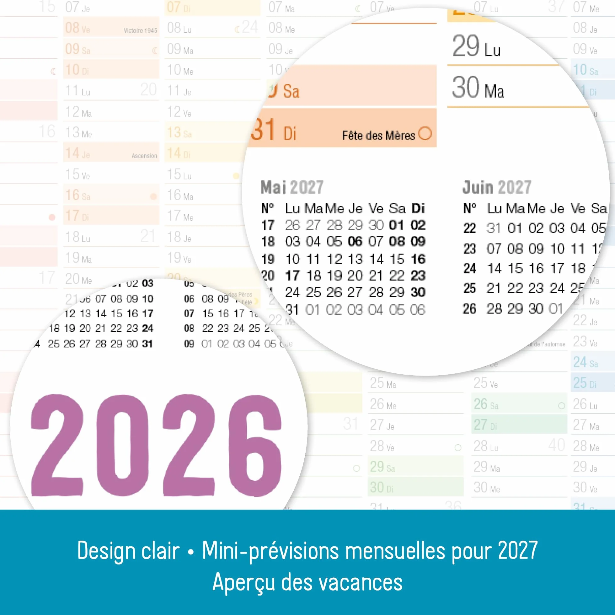 Häfft® Calendrier mural 2026 A3 français Rainbow 42 x 29,7 cm plié avec jours fériés