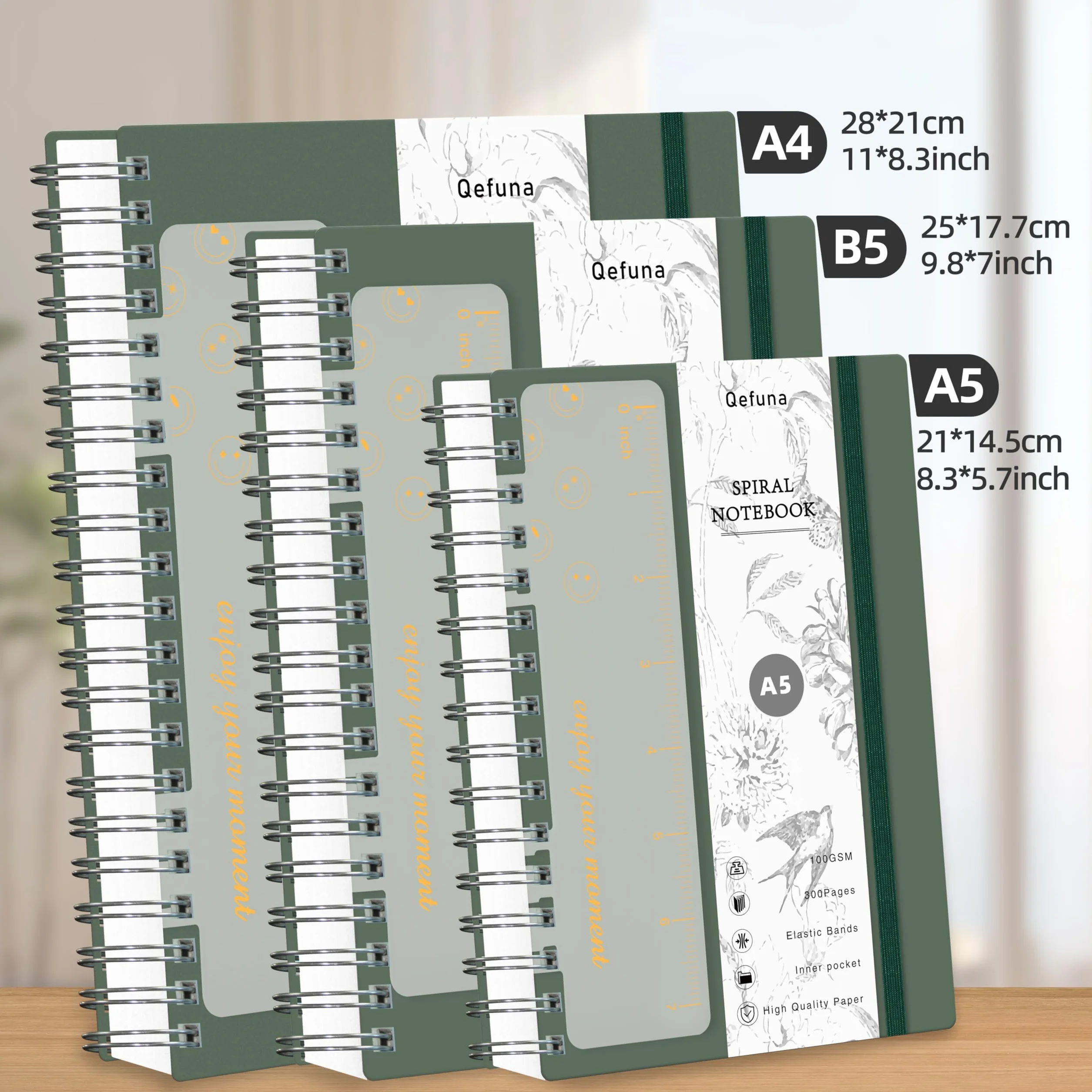 Carnet A5 Ligné 300 Pages Spirale Papier 100g/m² Couverture Rigide PVC 14,5 x 21 cm Vert