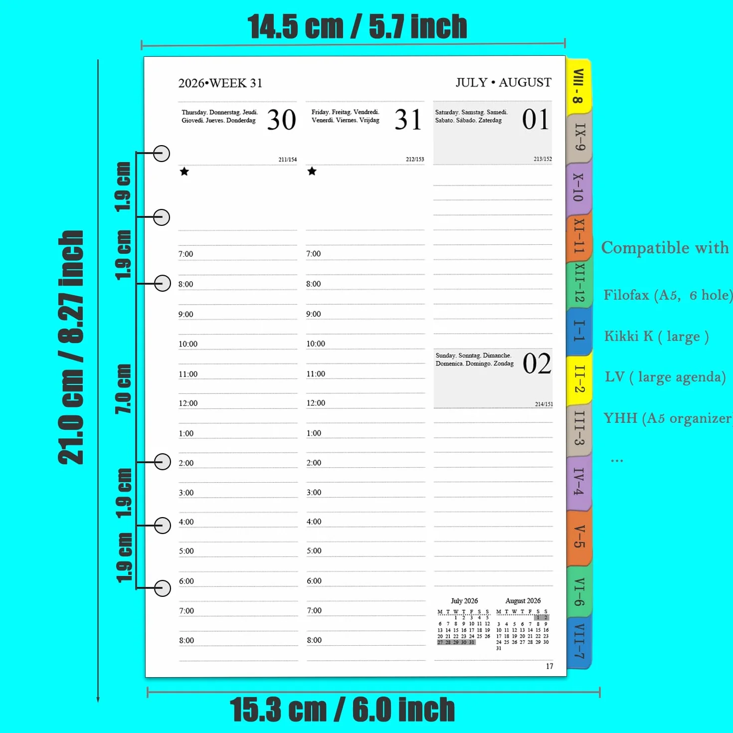 Agenda Semainier 2026-2027 Format A5 Vertical 7h-20h Planificateur Hebdomadaire et Mensuel avec Onglets
