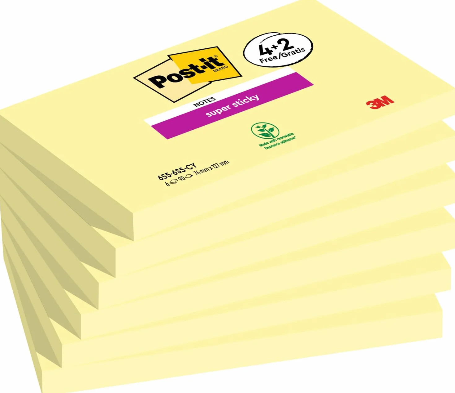 Post-it Notes Autocollantes Super Sticky 76 mm x 127 mm 90 Feuilles par Bloc 4 Blocs Jaune Pastel