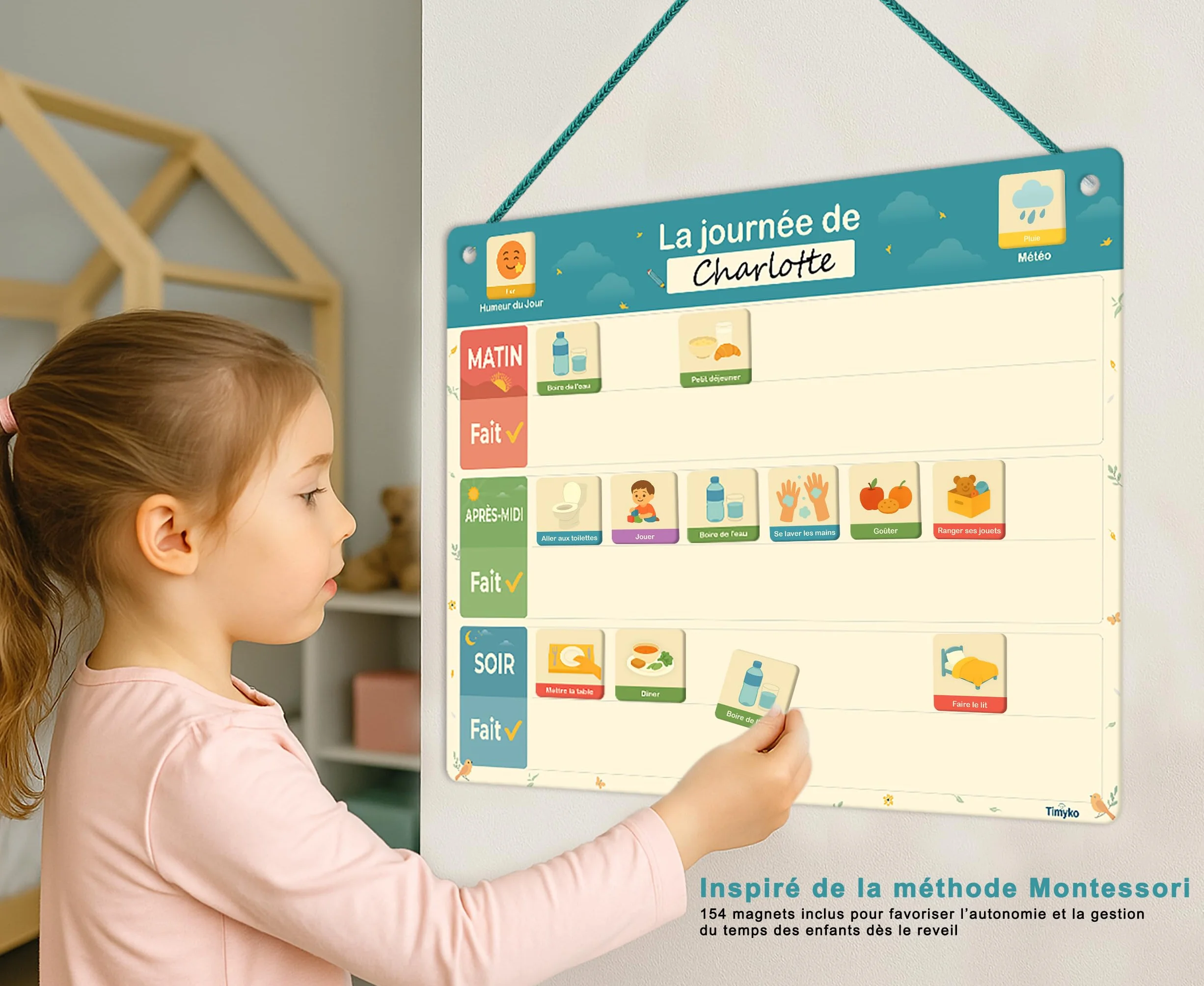 Tableau Magnétique Montessori pour Enfant avec 154 Magnets Illustrés et Sac de Rangement en Coton