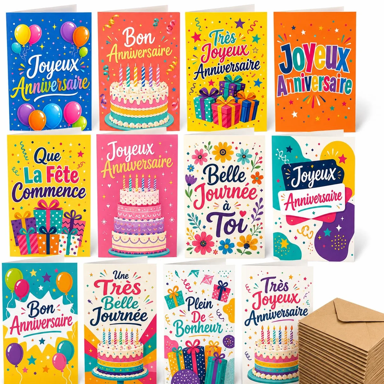 Lot de 12 cartes d’anniversaire en français avec enveloppes kraft recyclées, designs A6, papier cartonné nacré