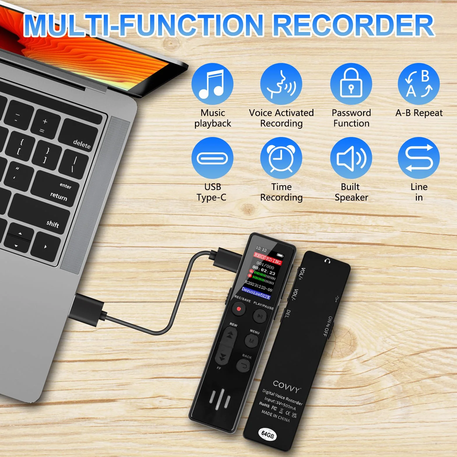 Enregistreur vocal numérique COVVY 64 Go portable avec lecture HD pour entretien cours réunion