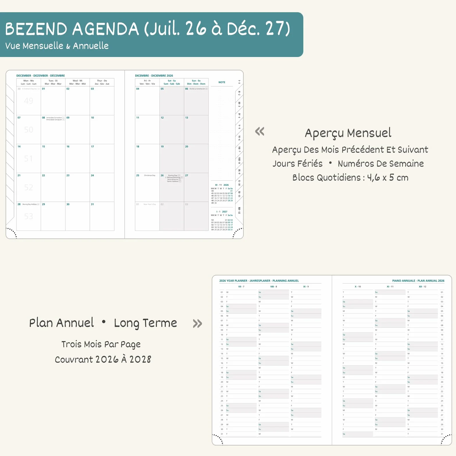 Agenda 2026 2027 A4 Semainier 18 Mois Juil. 2026 à Déc. 2027, Couverture Rigide Cuir PU Rouge