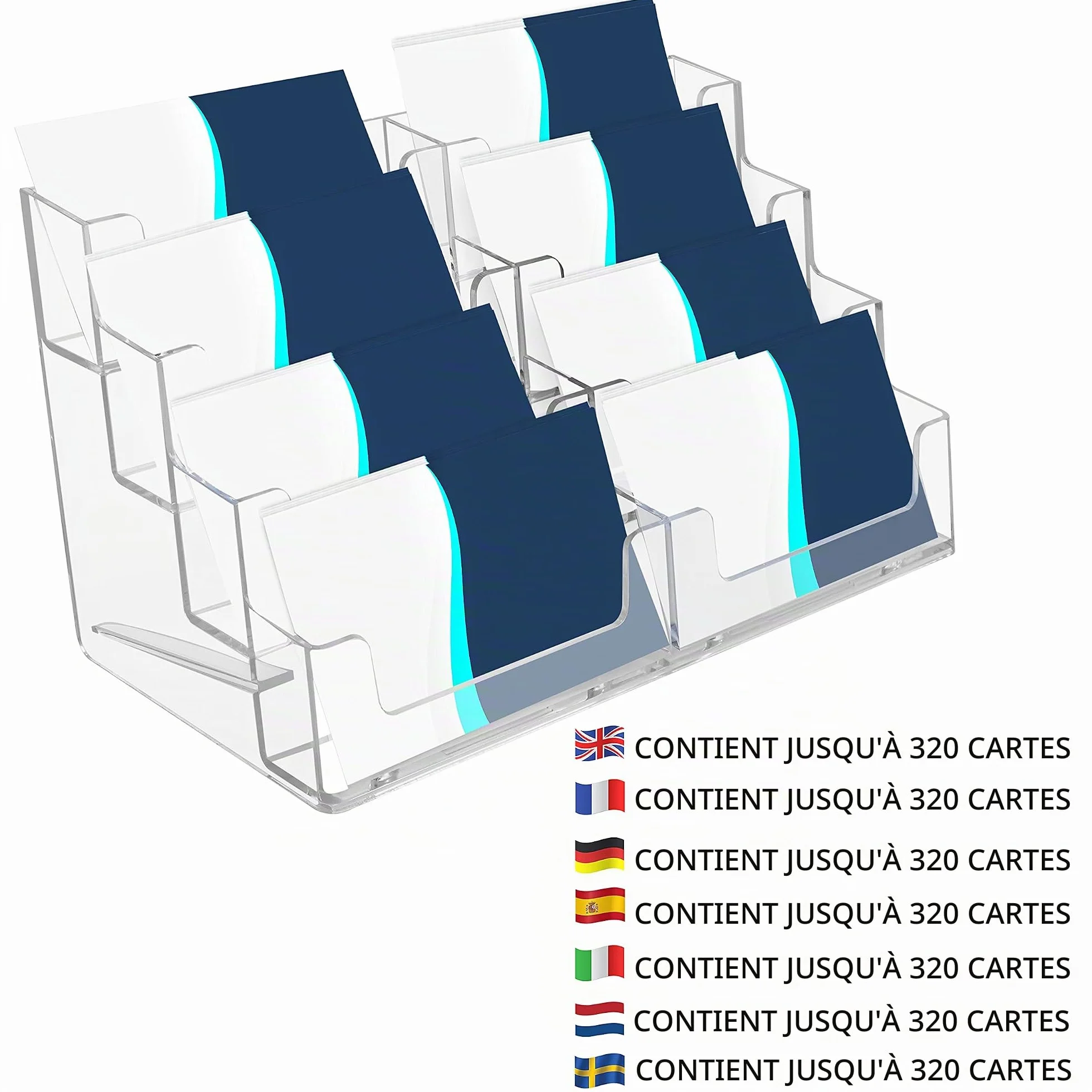 Belle Vous Porte Carte de Visite Acrylique Lot de 2 - Contient 320 Cartes - Porte Cartes Transparent 4 Niveaux 8 Compartiments Bureau